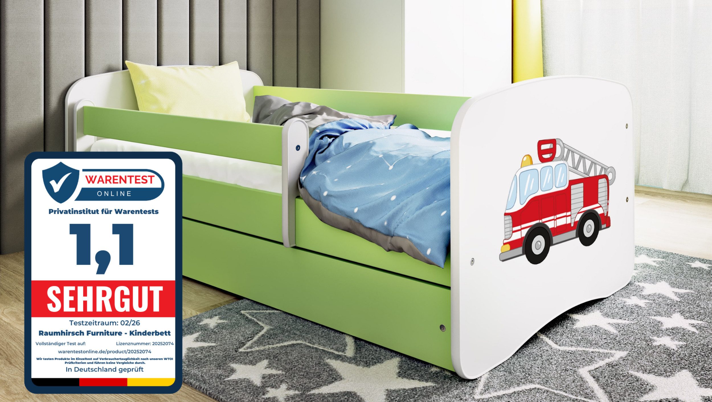 Raumhirsch Furniture Kinderbett 70x140, 80x160, 80x180 cm - Komplettset mit Schublade (Bett für Mädchen, Einzelbett für Kinder von 2-12 Jahren, Rausfallschutz und Lattenrost), verschiedene Farben & Designs