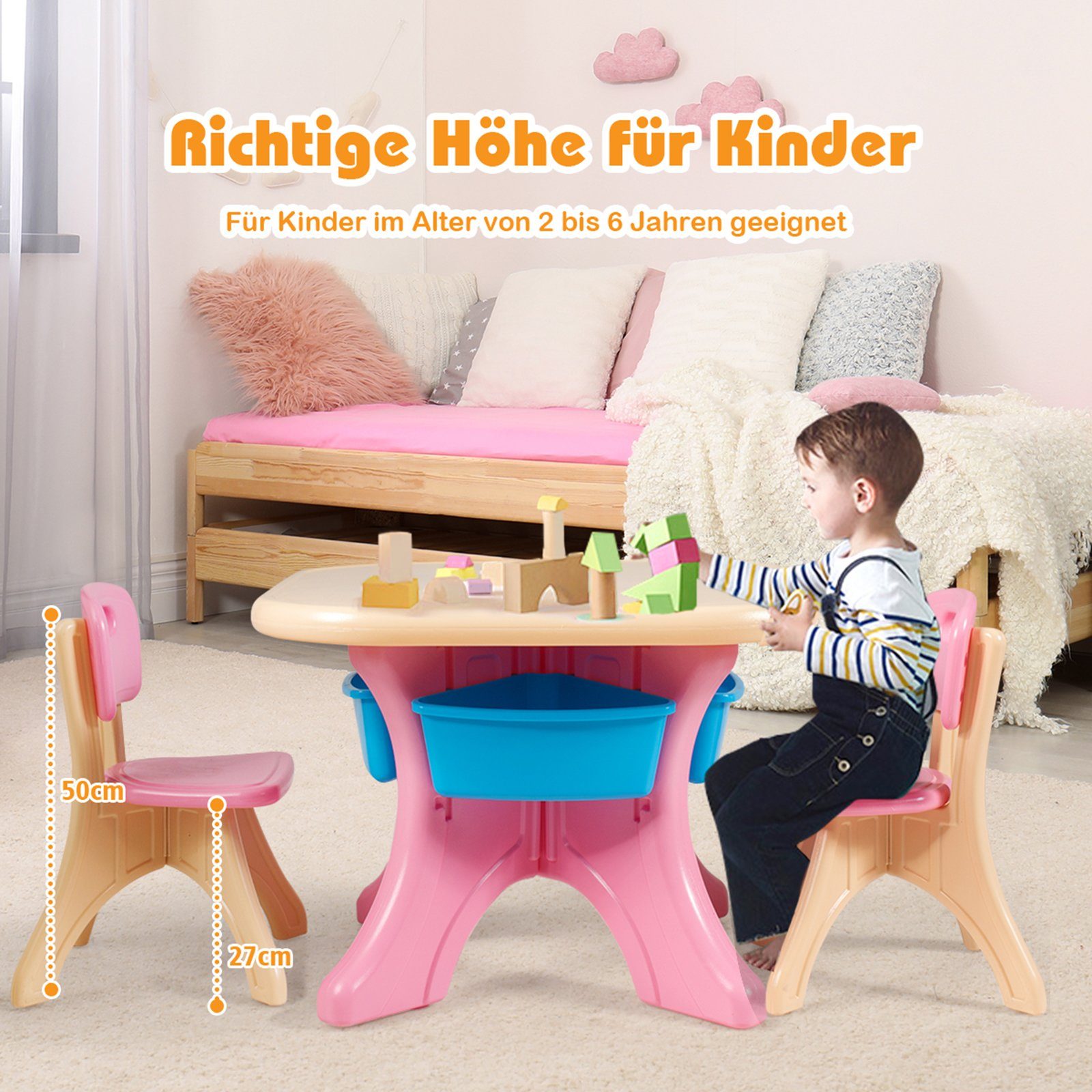 COSTWAY Kindersitzgruppe, mit 2 Stühlen&Kindertisch, Stauraum, Kunststoff Rosa mit