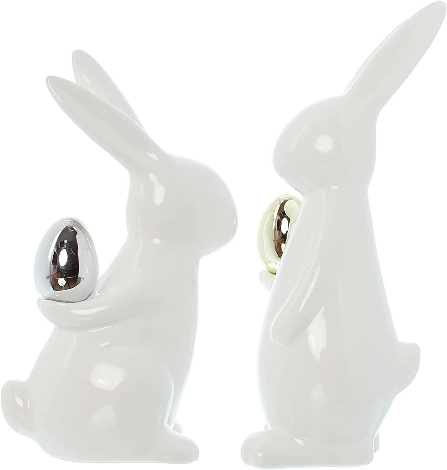 Dekoleidenschaft Osterhase "Classical" aus Porzellan, weiß mit Osterei in gold & silber, Dekohase (2 St., im Set), Hasen 20 + 23 cm hoch, Dekofigur, Dekohase, Porzellanfigur, Osterdeko