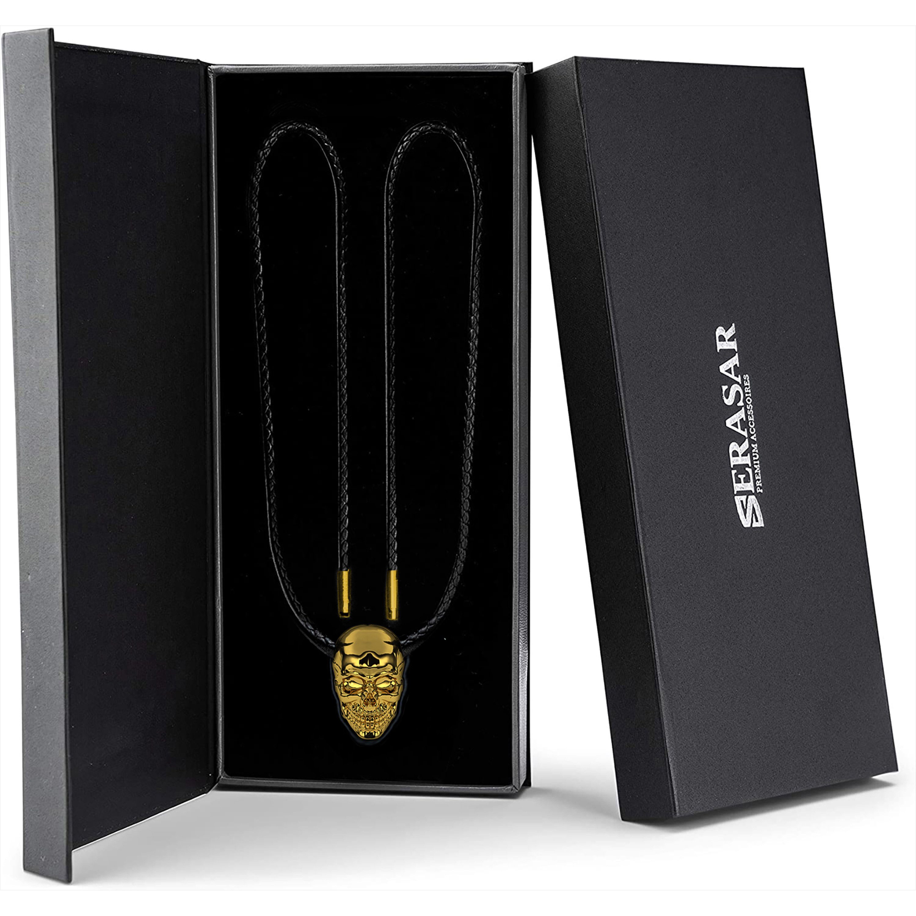 SERASAR Lederband Lederhalskette "Skull" Echtleder aus mit Edelstahlanhänger Gold (1-tlg)