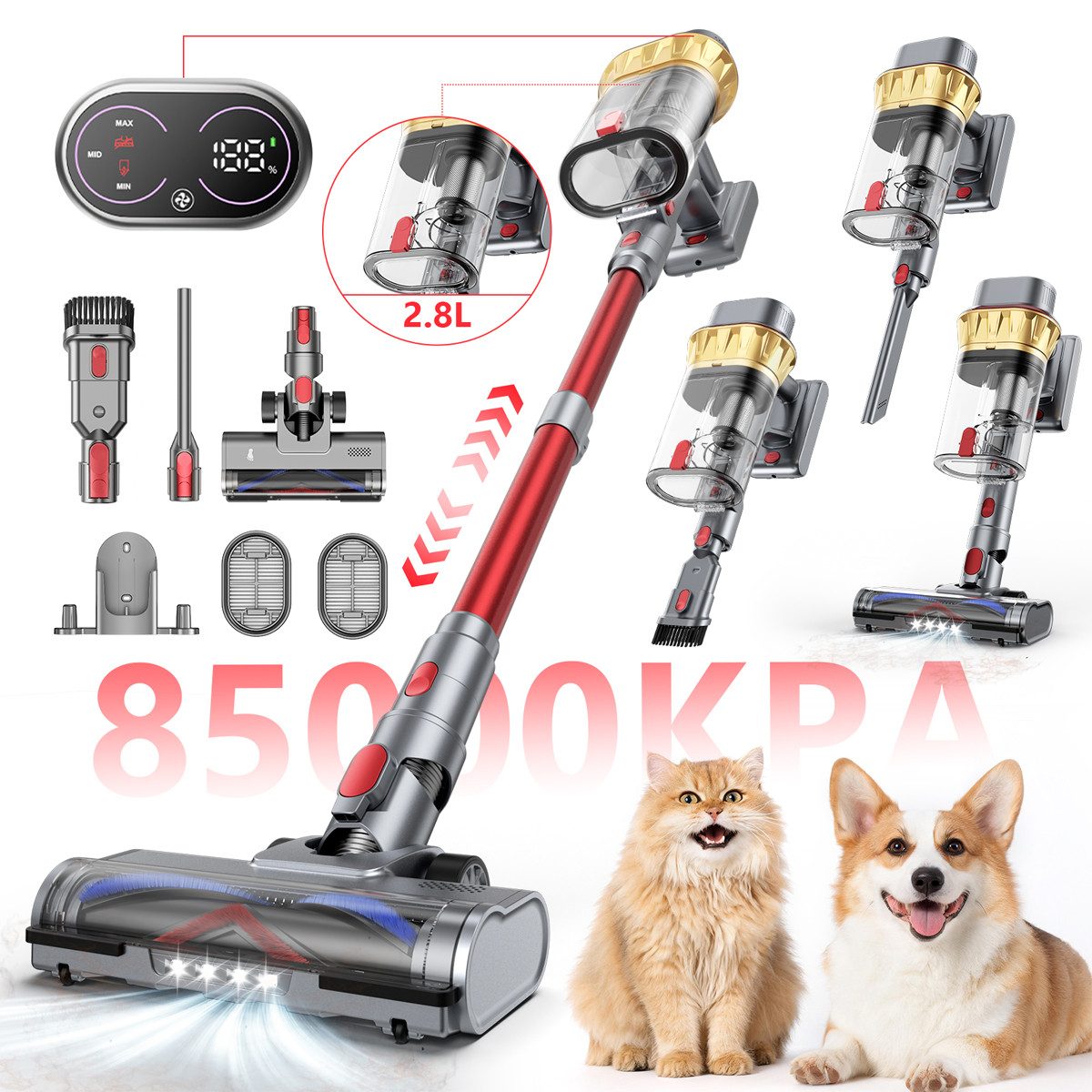 Pdgrid Akku-Hand-und Stielstaubsauger 85kPa/80min/2,8 l Kabelloser Extra leiser Staubsauger, 650 W, beutellos, LED Display Selbststehendes, für Tierhaare,Teppich und Hartboden