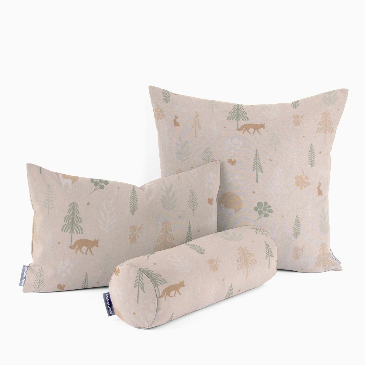 SCHÖNER LEBEN. Dekokissen SCHÖNER LEBEN. Kissenhülle Cold Forest Animals Bäume Waldtiere beige