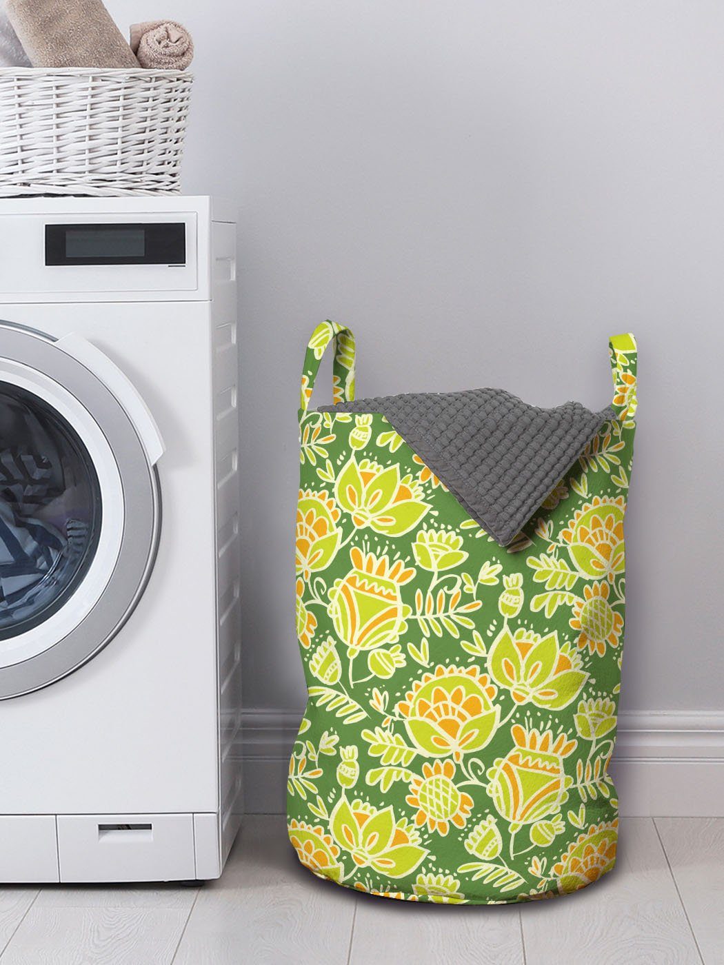 Wäschekorb Waschsalons, mit Griffen Abakuhaus Tropische Kordelzugverschluss für Blumen-Gekritzel-Kunst Wäschesäckchen Blumen