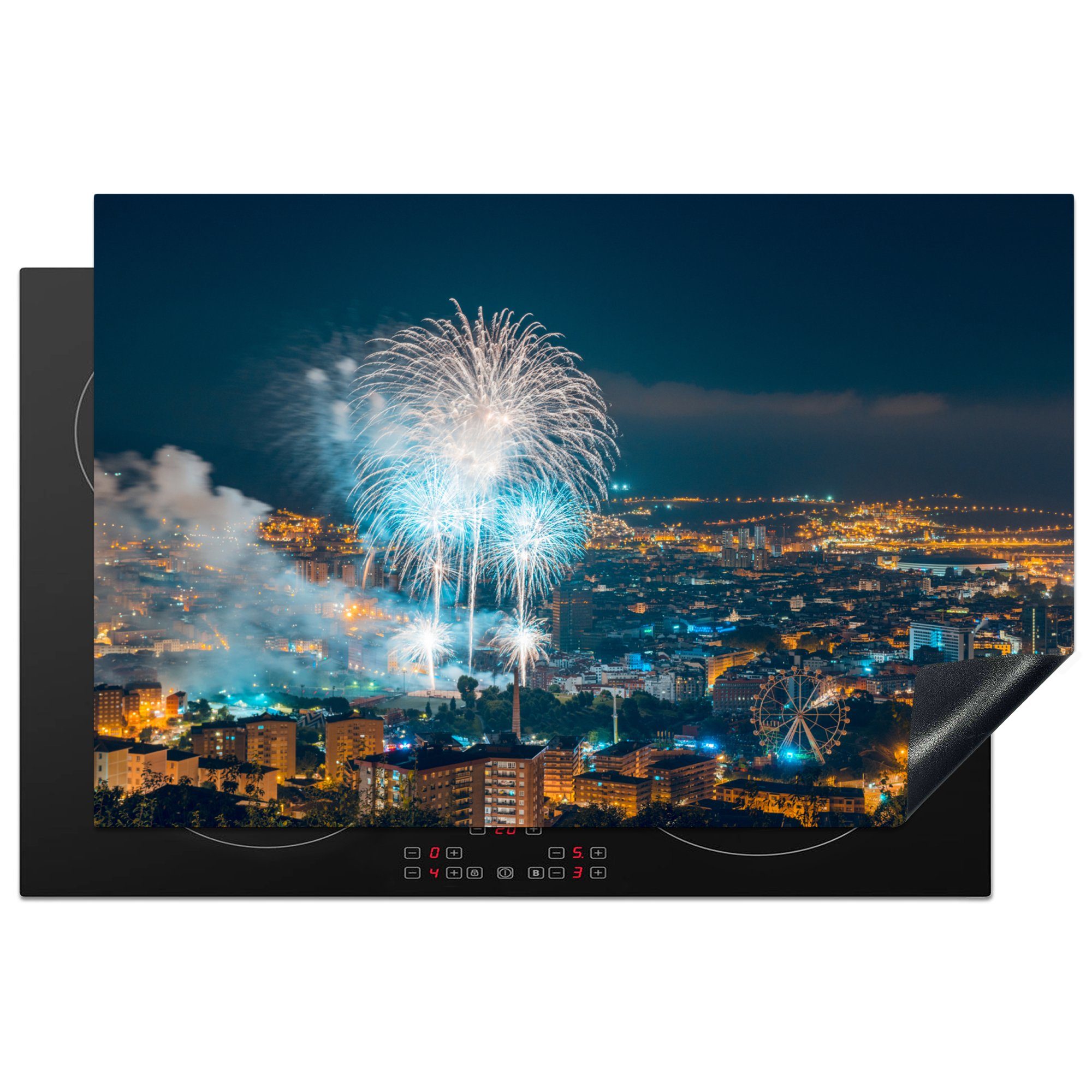 MuchoWow Herdblende-/Abdeckplatte Bilbao - Feuerwerk - Spanien, Vinyl, (1 tlg), 81x52 cm, Induktionskochfeld Schutz für die küche, Ceranfeldabdeckung | Herdabdeckplatten