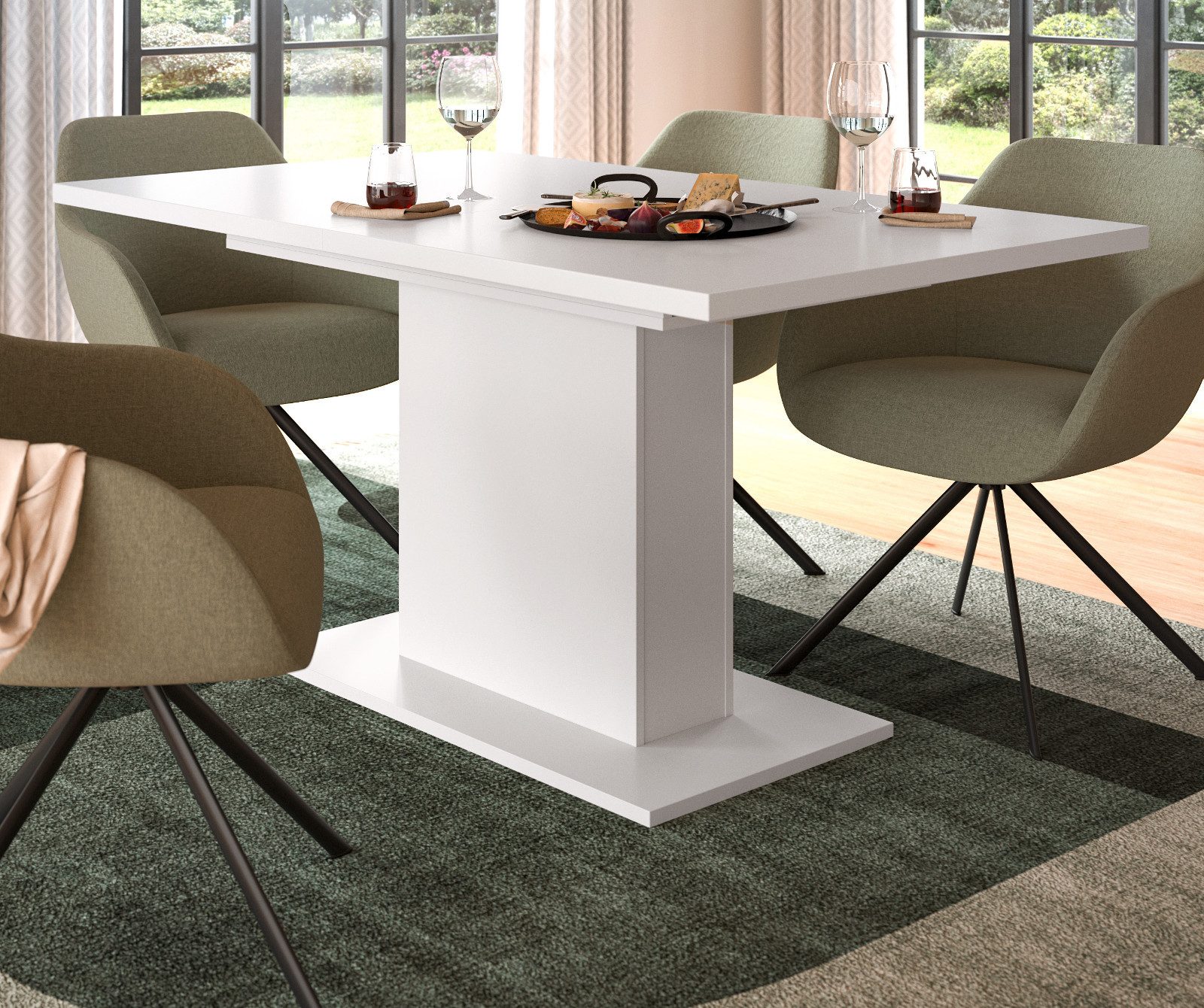 Inn.Furn Säulen-Esstisch Home-X (Küchentisch in mattem Weiß, ausziehbar 150 - 190 cm), Melaminbeschichtet, für bis zu 8 Personen