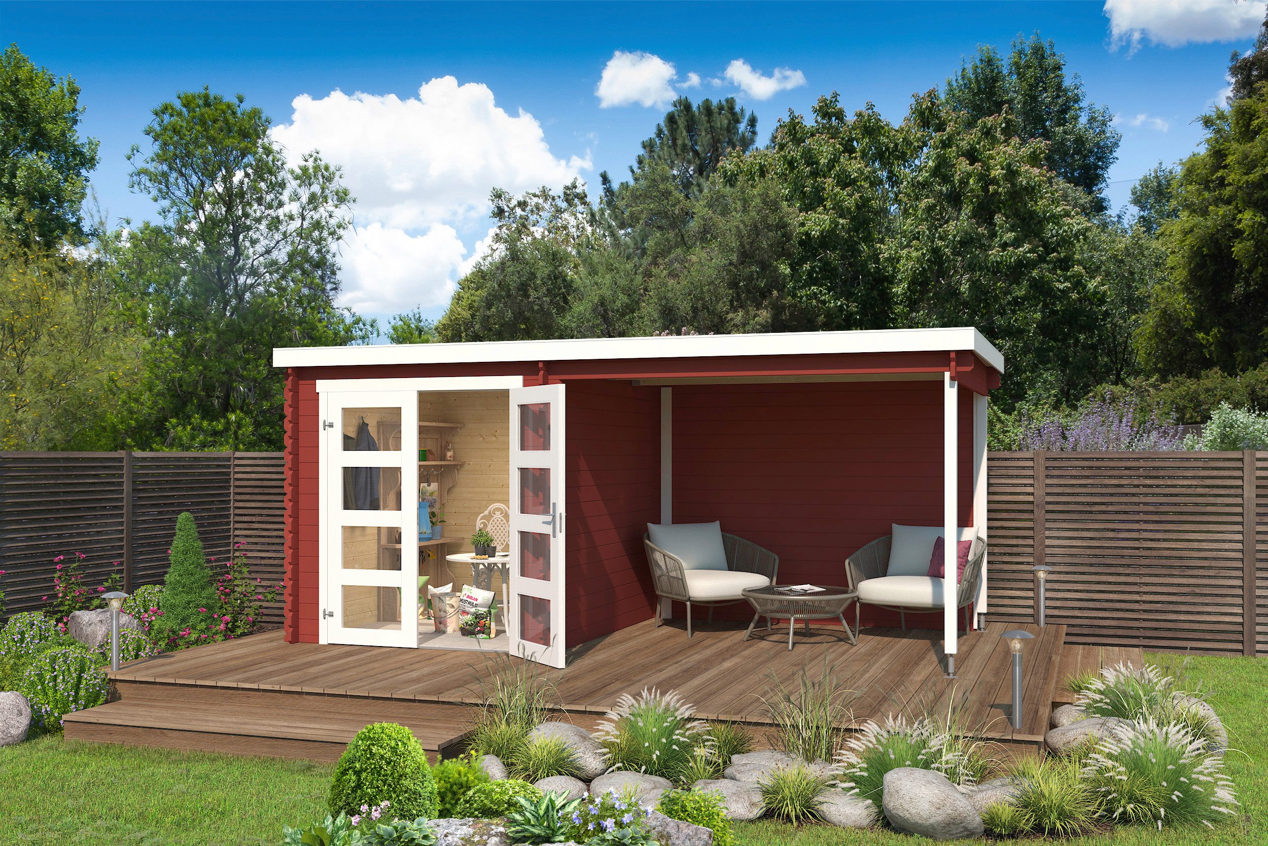 LASITA MAJA Gartenhaus Long Beach, BxT: 492x255 cm, (Set), Blockbohlenhaus 28mm mit Anbau