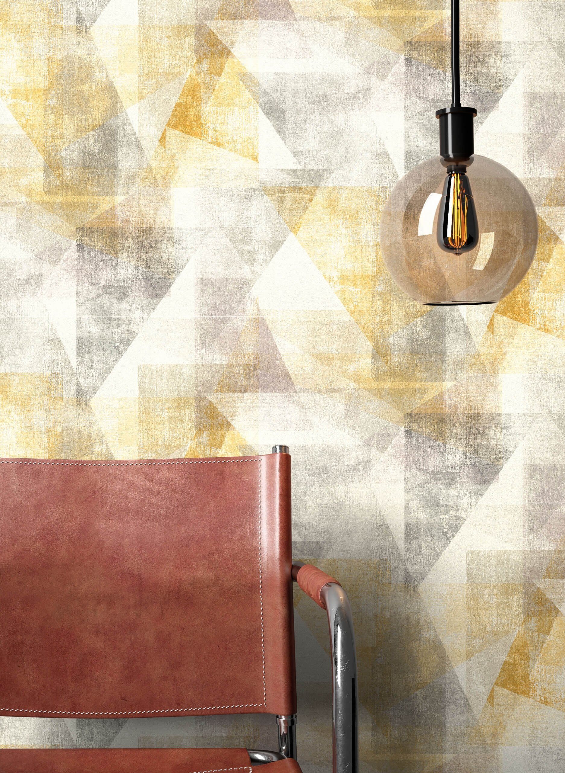 Newroom Vliestapete Medina Tapete Mustertapete Dreiecke,Muster, Gelb Tapete Grafisch Dreiecke - Mustertapete Grafiktapete Grau Weiß Industrial Modern Muster für Wohnzimmer Schlafzimmer Küche, Grafiktapete