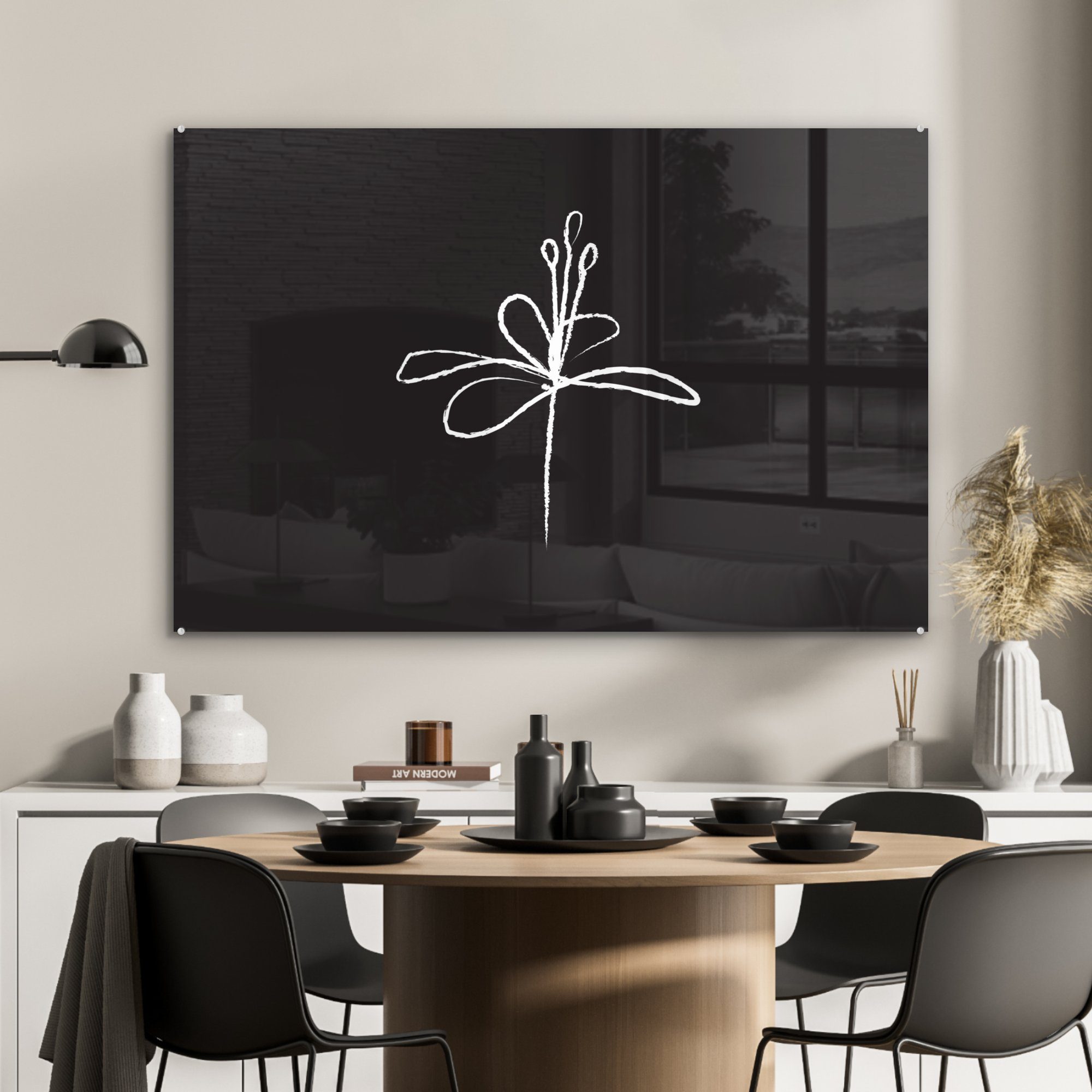 Schlafzimmer Blumen & Wohnzimmer (1 Linienkunst Acrylglasbilder - Minimalismus, MuchoWow St), - Acrylglasbild