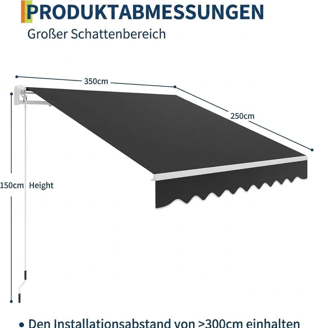 GarveeMore Gelenkarmmarkise 400/350x250cm,UV50+ & wasserabweisend mit Kurbel & Wandhalterung Länge + Winkel einstellbar,Markise für Terrasse & Balkon,Sonnenschutz
