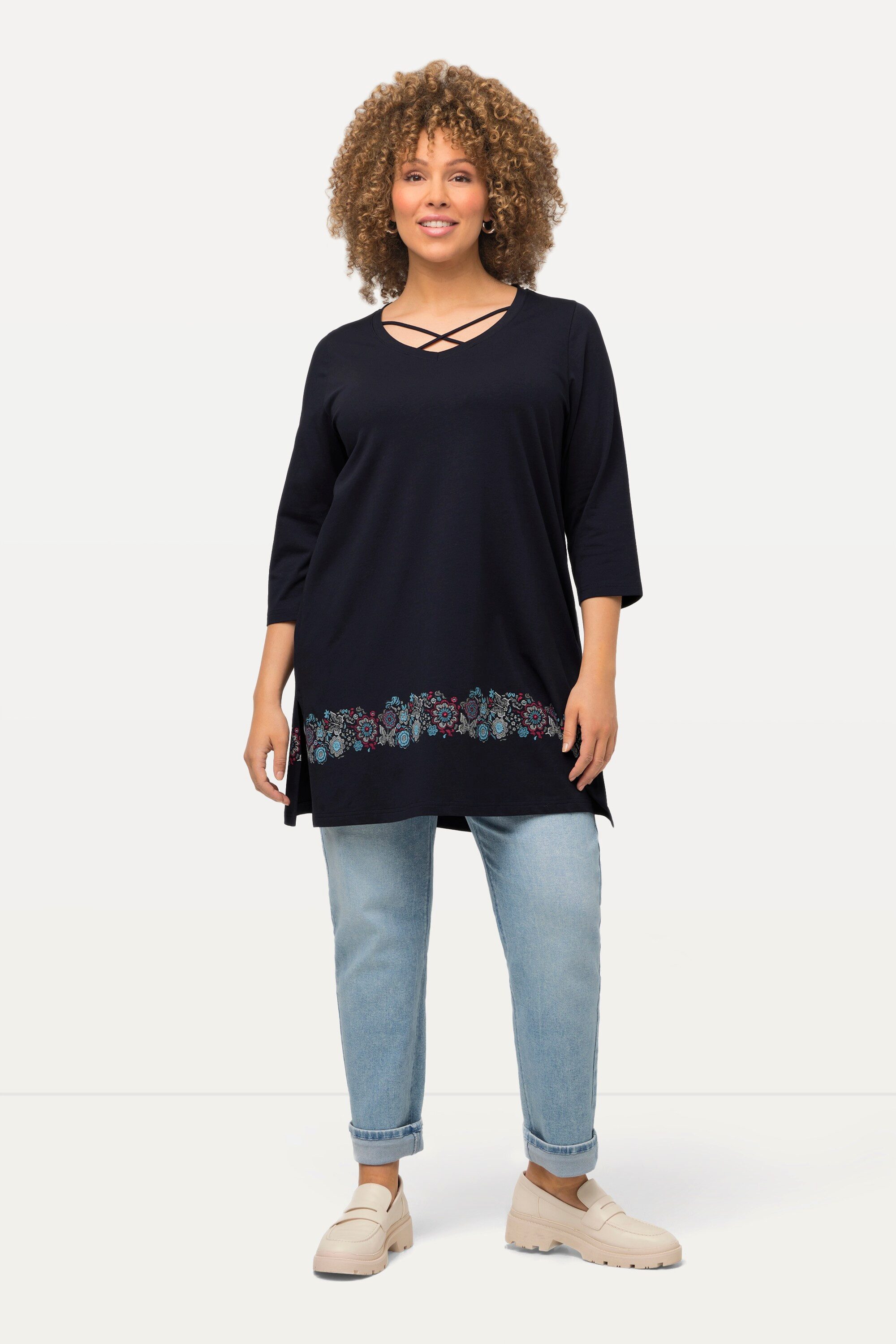 Ulla Popken Longshirt Shirt Zierbänder A-Linie günstig online kaufen