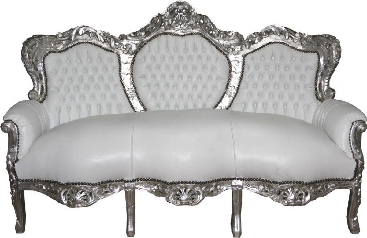 Lederoptik - Sofa Casa Padrino King Barock Wohnzimmer Weiß/Silber Sofa Möbel