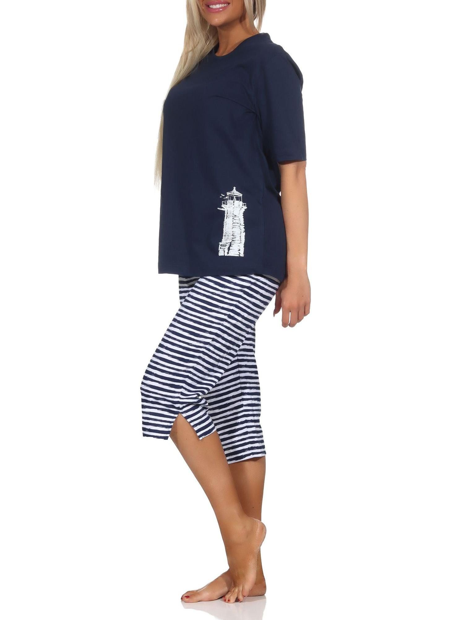 Normann Pyjama Damen kurzarm Capri Schlafanzug in maritimer Optik -auch in Übergröße