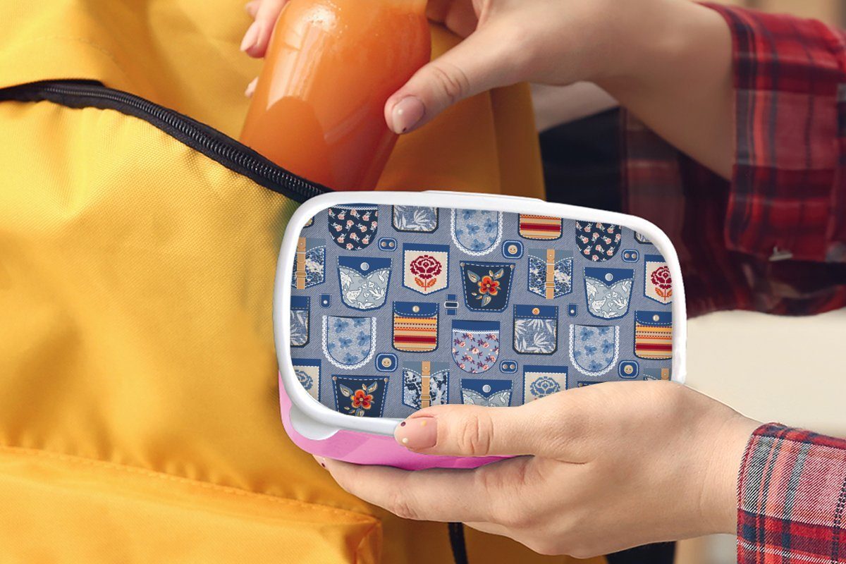 MuchoWow Lunchbox Hosen Aufnäher Schnittmuster, Brotbox - rosa Denim Snackbox, für Kunststoff, - (2-tlg), - Mädchen, Erwachsene, Kinder, Brotdose Kunststoff