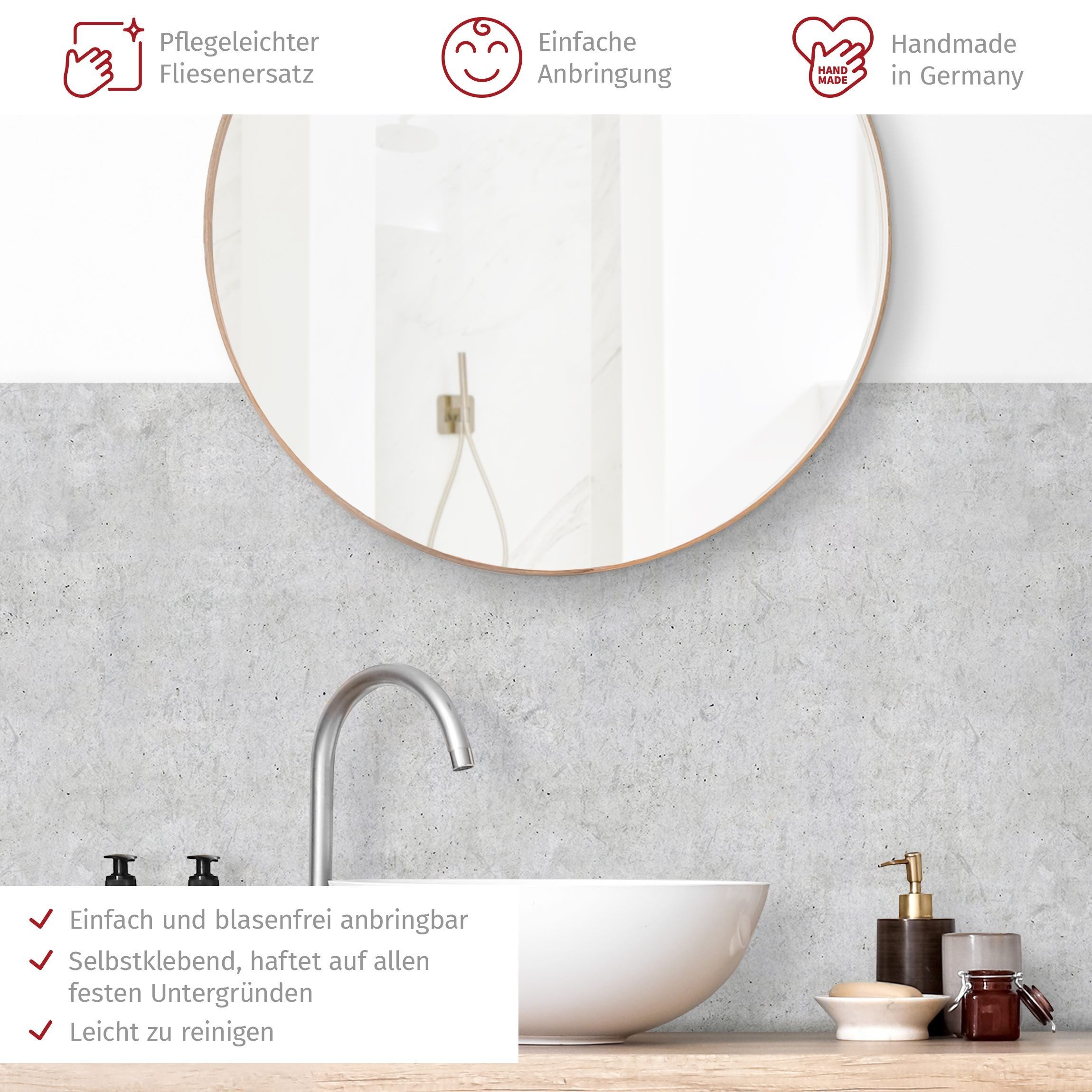Bilderdepot24 Badrückwand grau fugenlose Wandverkleidung Bad mit Motiv, (Hartfolie matt » Selbstklebend SMART 0,35 mm), wasserfestes Wandpaneel Beton Ciré hell