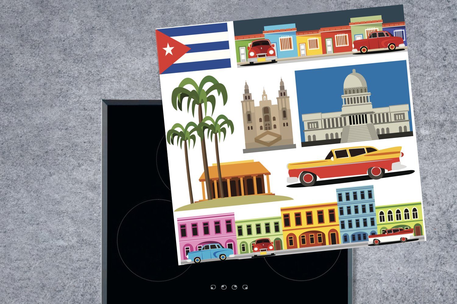 MuchoWow Herdblende-/Abdeckplatte Eine Collage über einer für 78x78 Kuba Vinyl, die Illustration, tlg), Arbeitsplatte in (1 cm, küche Ceranfeldabdeckung, Insel
