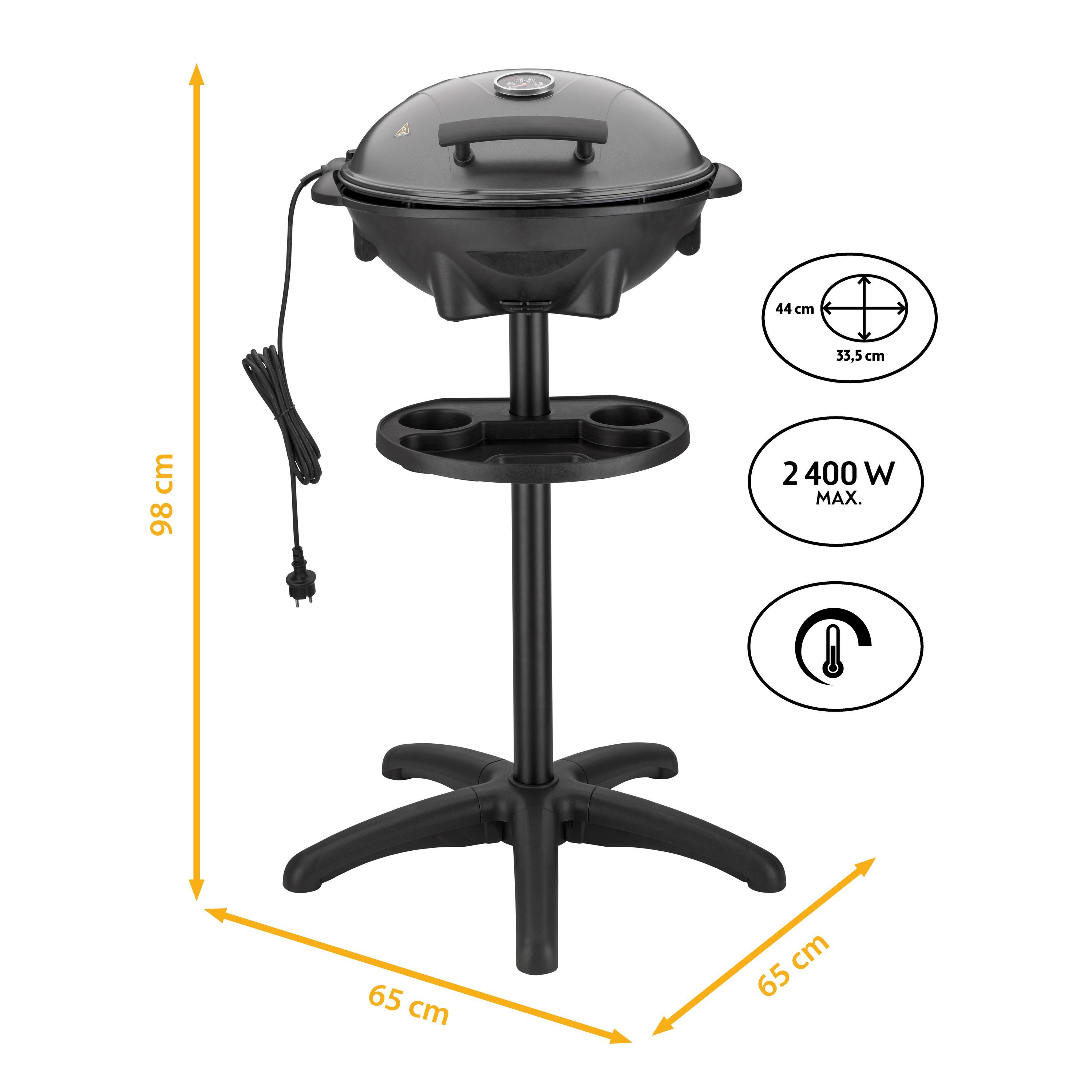 TZS FIRST AUSTRIA Elektrogrill 2in1 Standgrill 2400W, Kugelgrill mit Thermometer & Tropfschale, 2400 W, Elektrischer Grill mit Standfuß, Deckel & Ablage