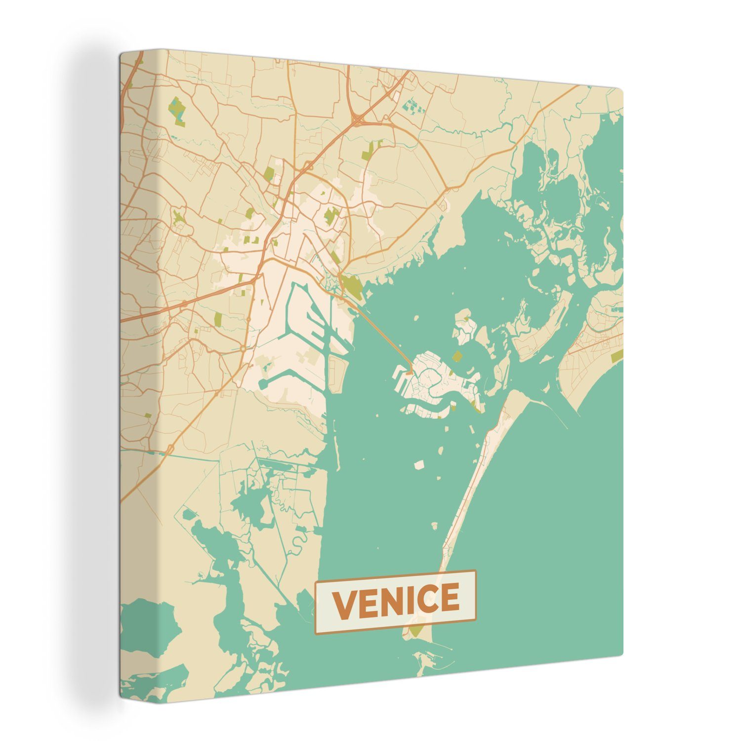 OneMillionCanvasses® Leinwandbild Venedig - Stadtplan - Karte - Vintage, (1 St), Leinwand Bilder für Wohnzimmer Schlafzimmer | Leinwandbilder