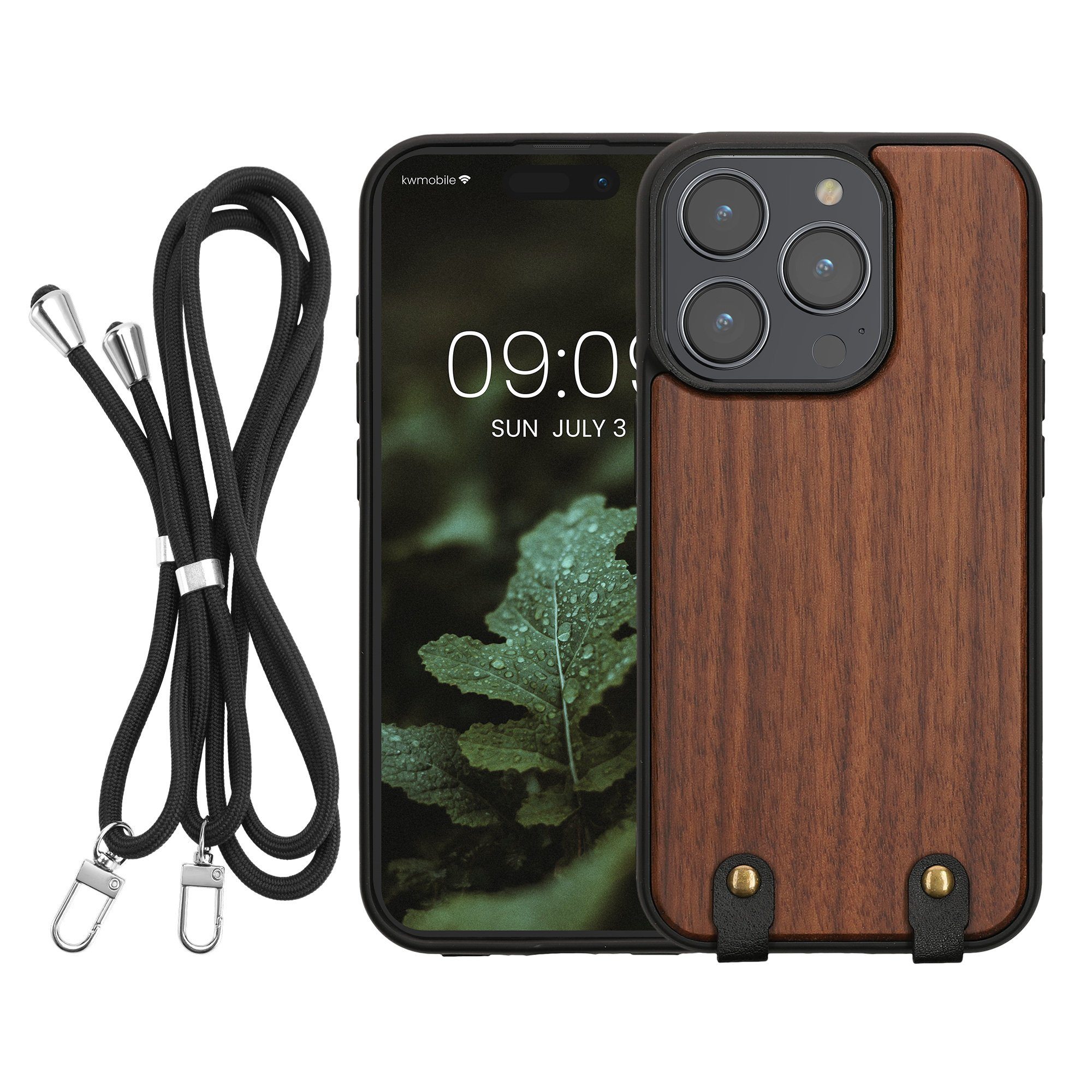 kwmobile Etui Necklace Case für Apple iPhone 15 Pro Hülle, Holz TPU Cover mit Handykette - Band Handyhülle