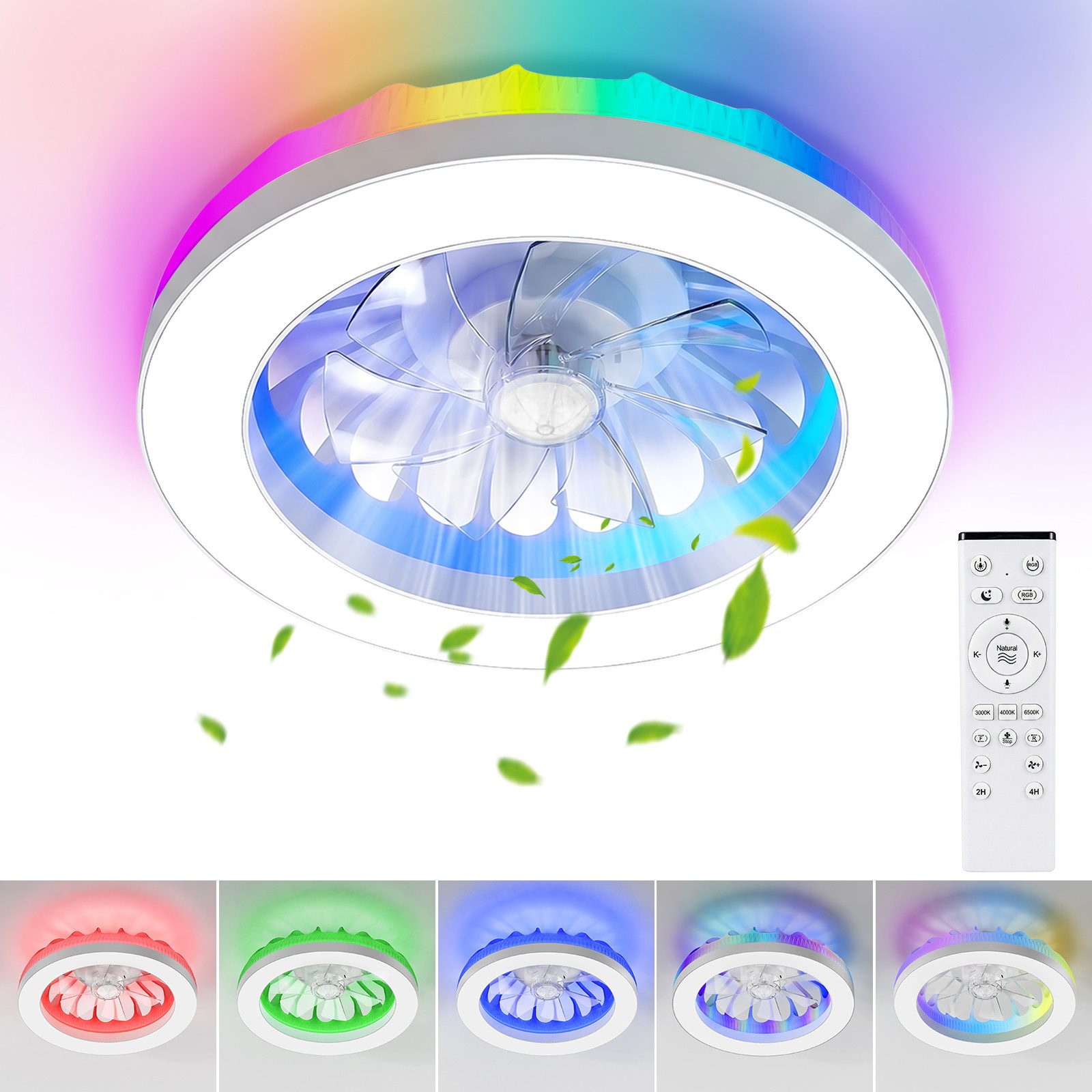 ATEROLL Deckenleuchte mit Ventilator,LED 3CCT,RGB,dimmbar,Deckenlüfter mit Beleuchtung, LED fest integriert, 6500K-kaltweiß, 4000K-neutralweiß, 3000K-warmweiß, Leiser Deckenventilator mit Fernbedienung,Timer,Memoryfunktion