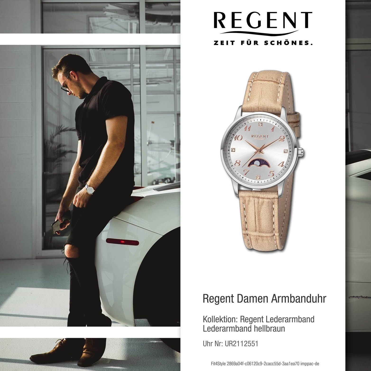 Regent Armbanduhr Regent hellbraun, Damen rundes 31,5mm) groß Lederarmband (ca. Gehäuse, Analog, Damenuhr Quarzuhr