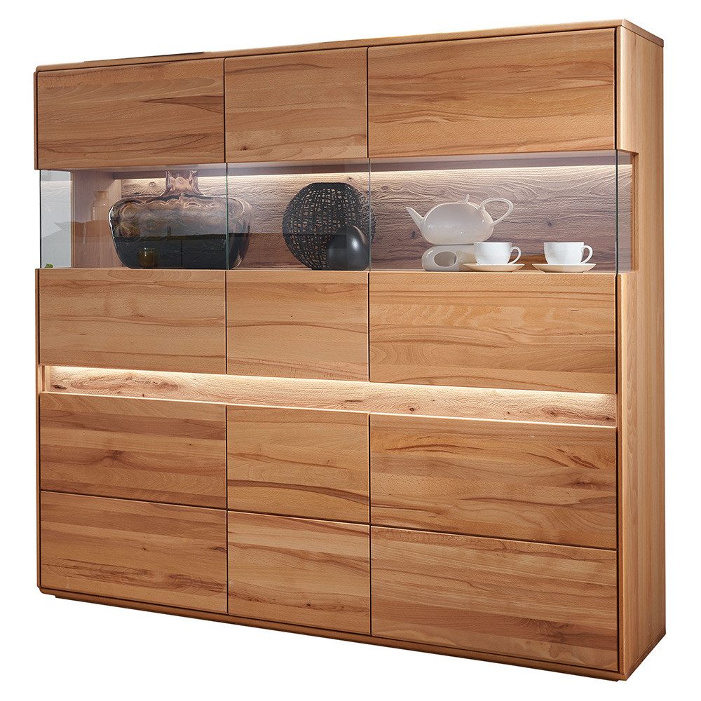 Lomadox Highboard WELLAND-69, 164 cm breit, Kernbuche massiv geölt mit LED-Beleuchtung