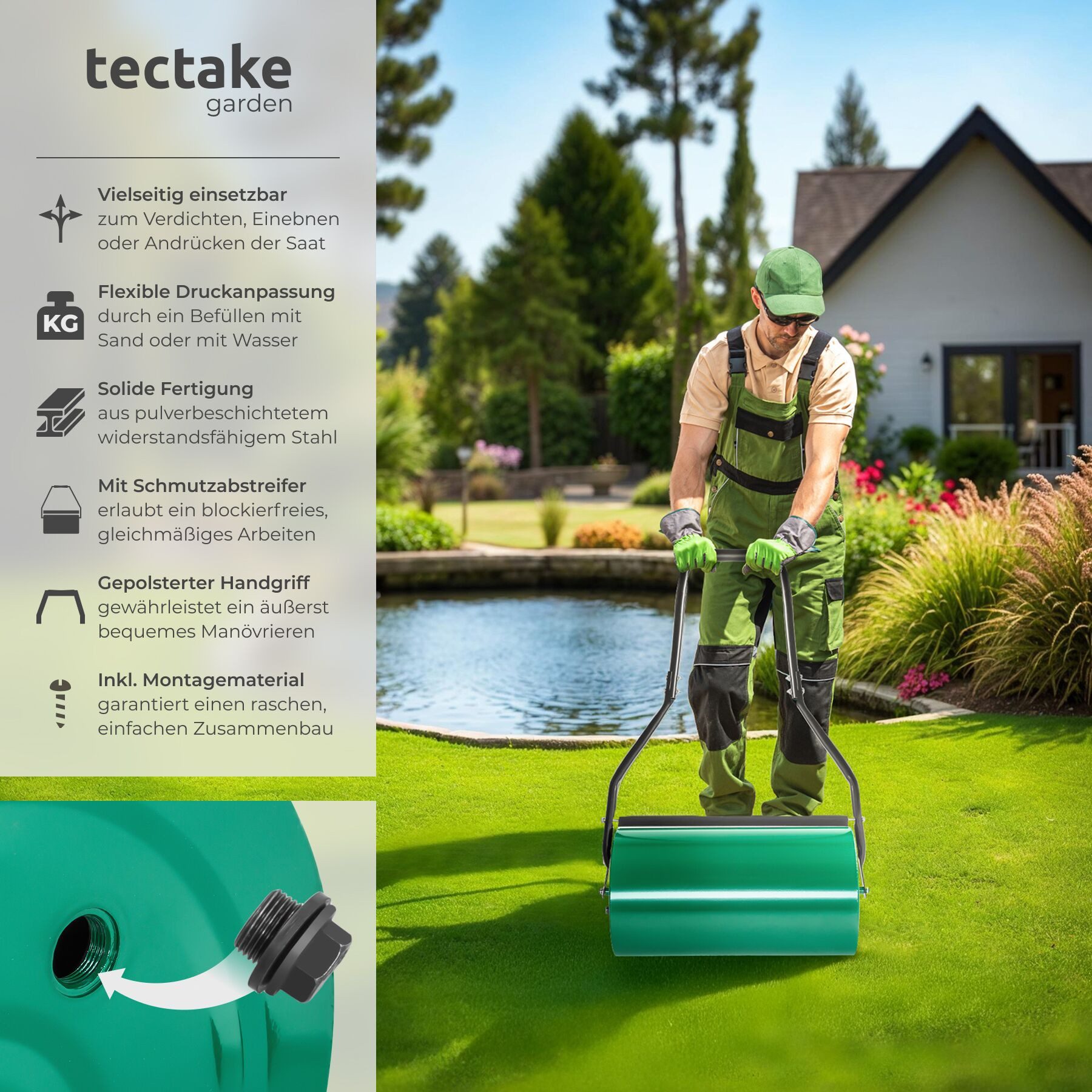 tectake Rasenwalze Gartenrolle, 60 cm Arbeitsbreite, Ø 31 cm, mit 50 l Füllvolumen, 60,00 cm, Gartenwalze, in grün,mit praktischem Schmutzabweiser und komfortabel gepolstertem Handgriff
