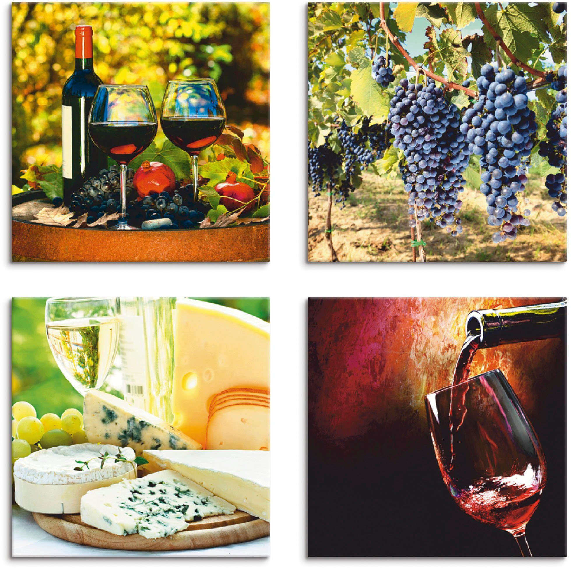 Artland Leinwandbild Gläser Rotwein, Trauben, Käse, Getränke (4 St), 4er Set,  verschiedene Größen | Leinwandbilder