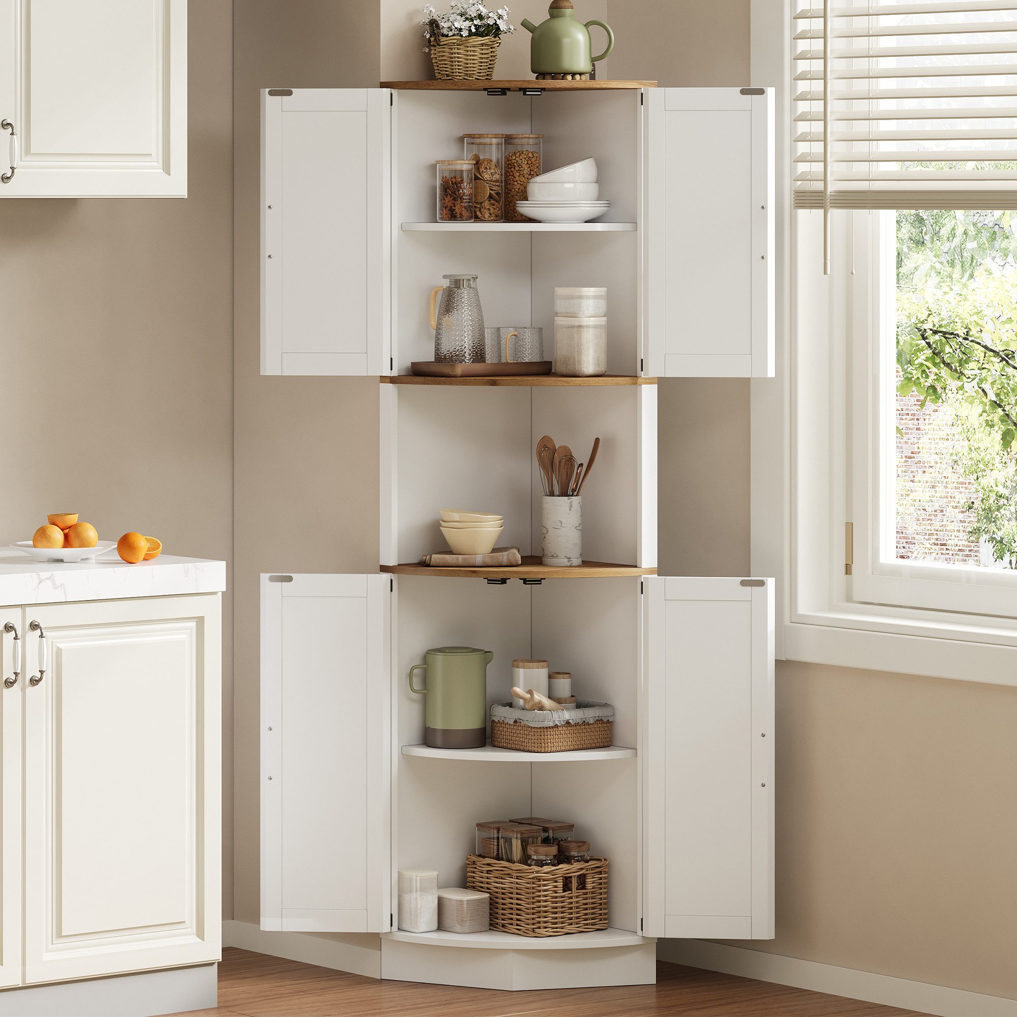 BlingBin Küchenbuffet Küchenschrank Eckschrank (geeignet für Wohnzimmer,Küchen Essbereiche, 1-St., mit 5 Staufächer,Kippschutzvorrichtung,4 Türen) 39,5×39,5×180cm,weiß