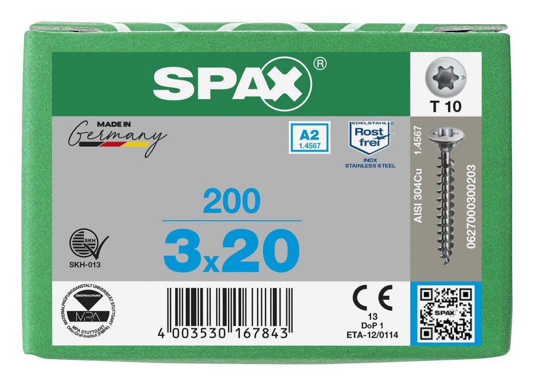 St), SPAX mm A2, Spanplattenschraube 3x20 200 (Edelstahl Edelstahlschraube,