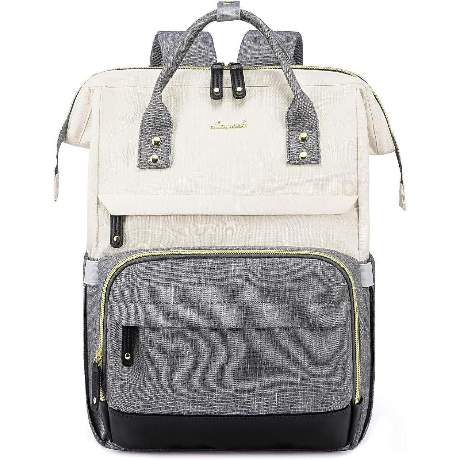 LuxusKollektion Laptoprucksack Rucksack Laptopfach Laptop Damen 15.6zoll Beige grau schwarzes Leder