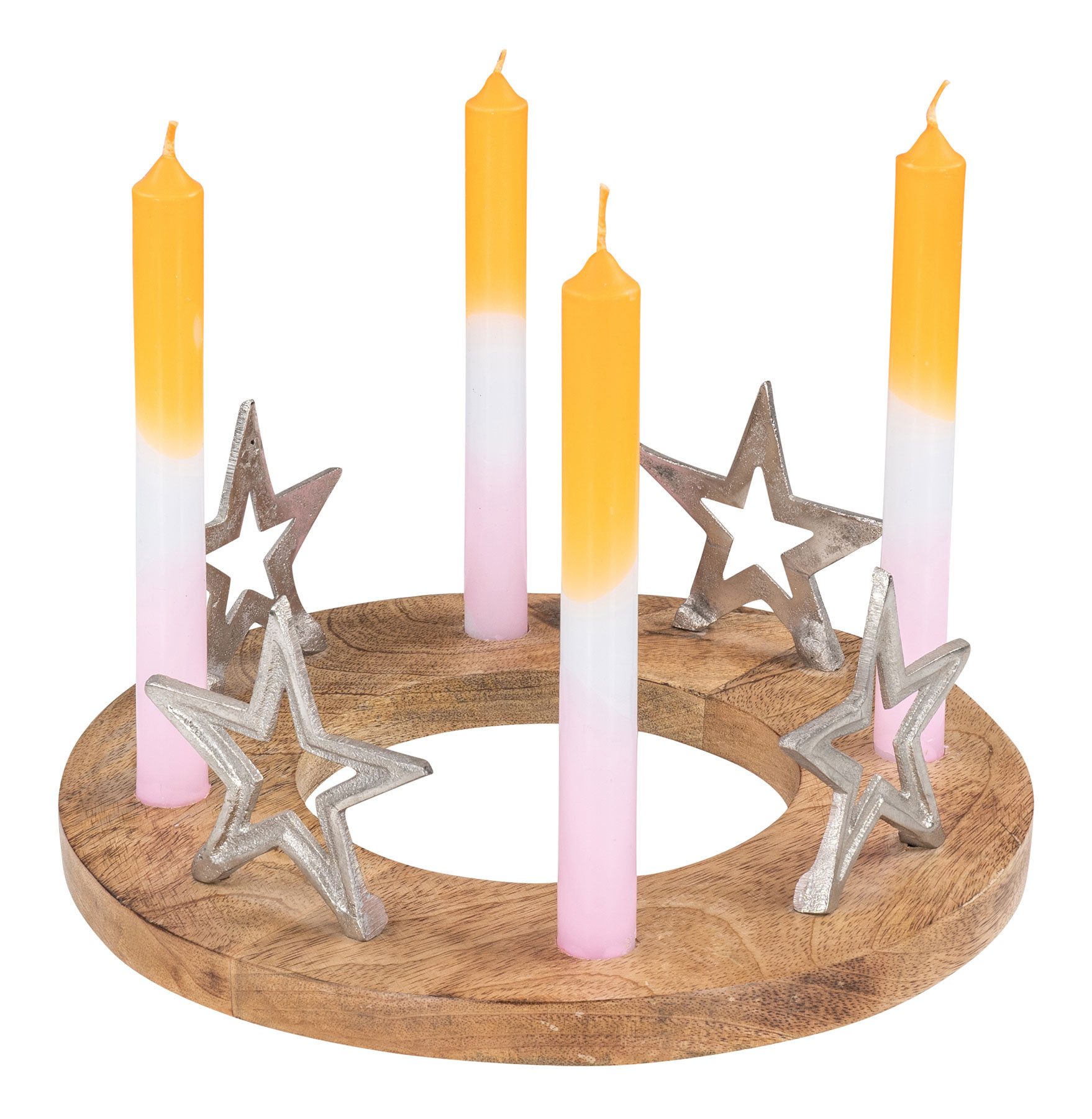 Levandeo® Adventskranz, Adventskranz ø30cm Mango Holz Silber Natur Stabkerzen-Halter Sterne
