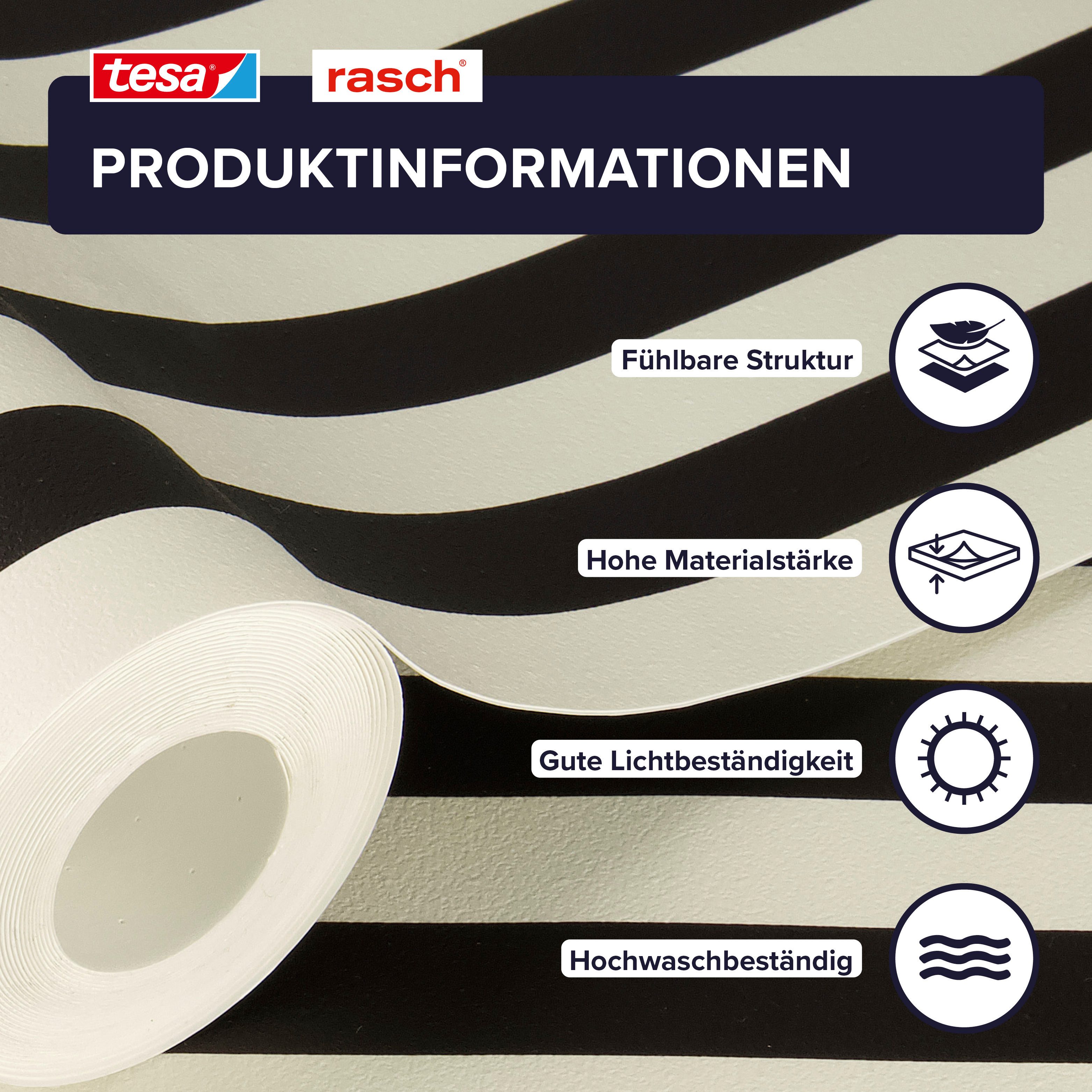 Rasch Vliestapete Lenny - Selbstklebende Tapete schwarz weiß gestreift - tesa® x rasch®, strukturiert, Streifen, gestreift, schwarz-weiß, (1 St), selbstklebend, 6,00m x 0,53m