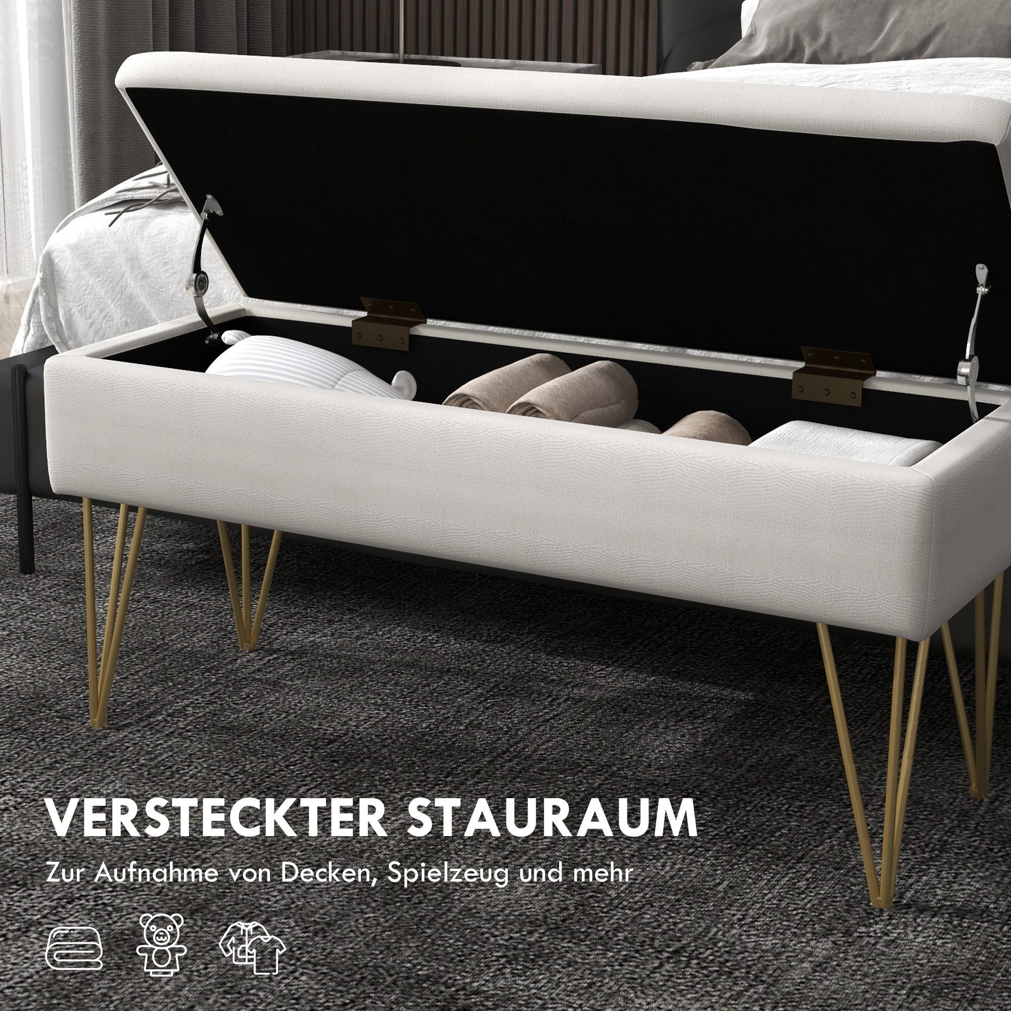 HOMCOM Polsterbank Sitzbank mit Stauraum, Leinenoptik (Bettbank, 1-St., Bank mit Stauraum), 100 x 40 x 49 cm, Creme – Bild 5 von 5