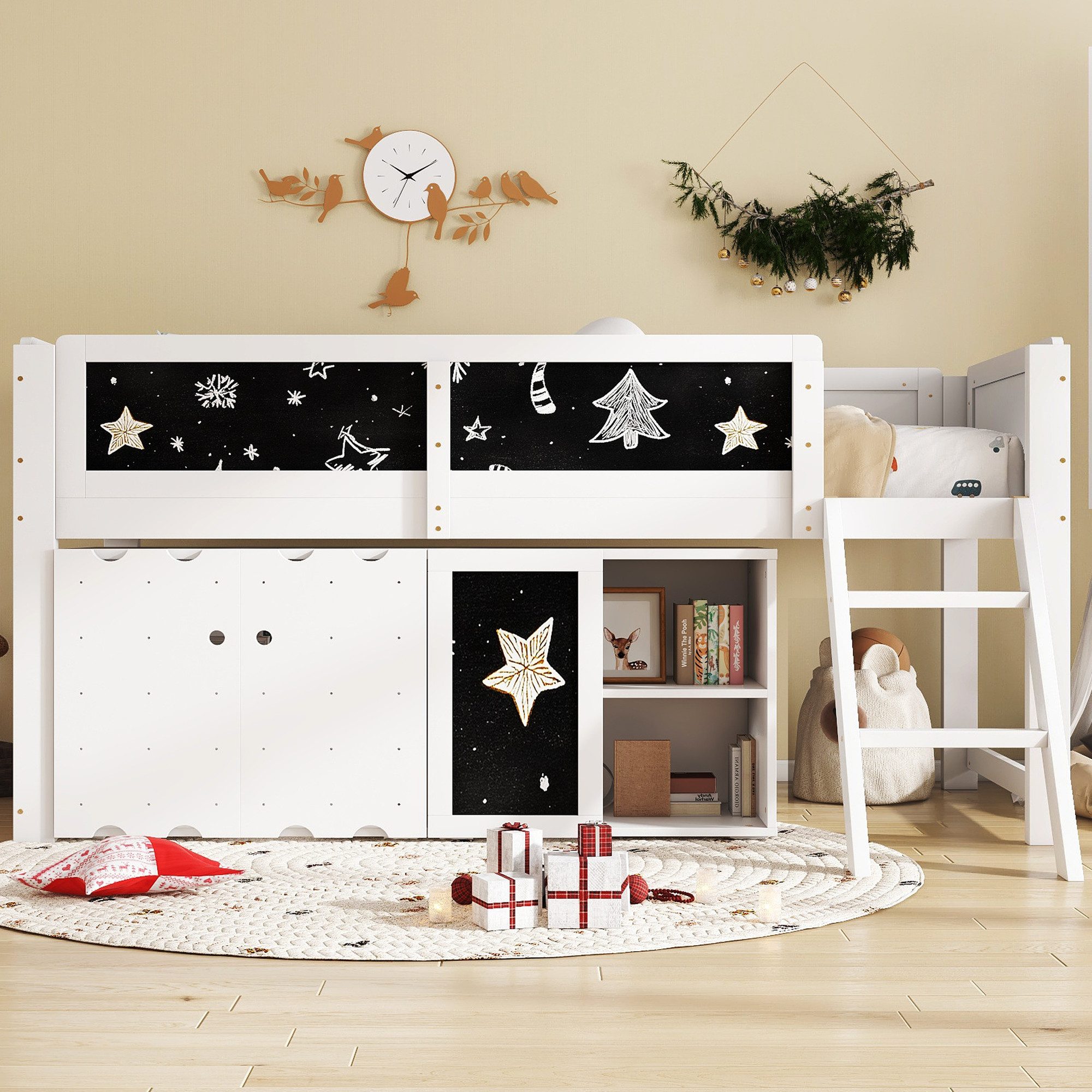 SOFTWEARY Hochbett mit Lattenrost, Leiter und Schrank (90x200 cm) Kinderbett mit Rausfallschutz, Holzbett, Einzelbett