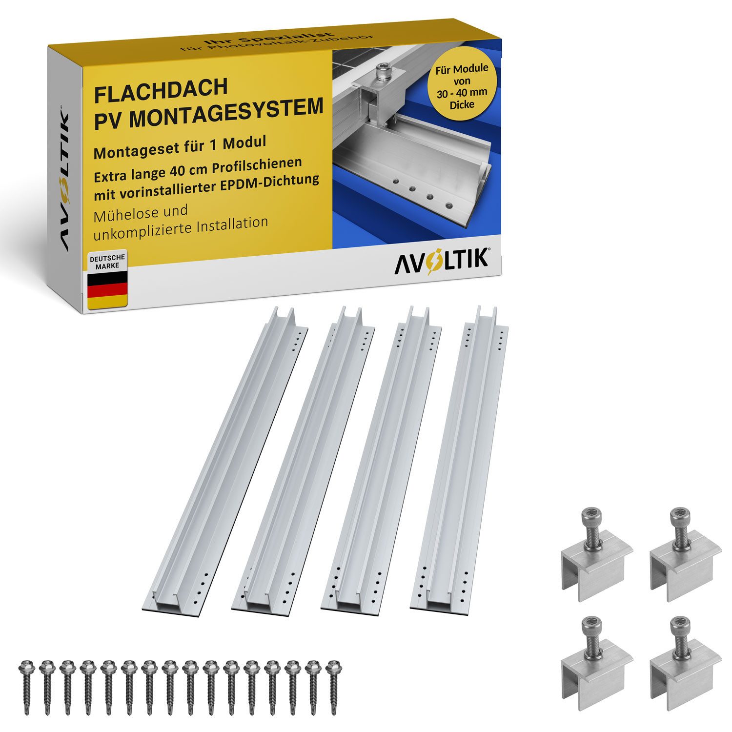 avoltik Solarmodul-Halterung Solar Halterung Montageset Schiene 400mm Flachach für 1-4 Solarmodule, (Solar Halterung Flachdach Montageset mit 400mm Montageschienen inkl. EPDM, Klemmen, Schrauben, Für 1, 2 oder 4 Solarmodule, Wählbar in der Anlagengröße)