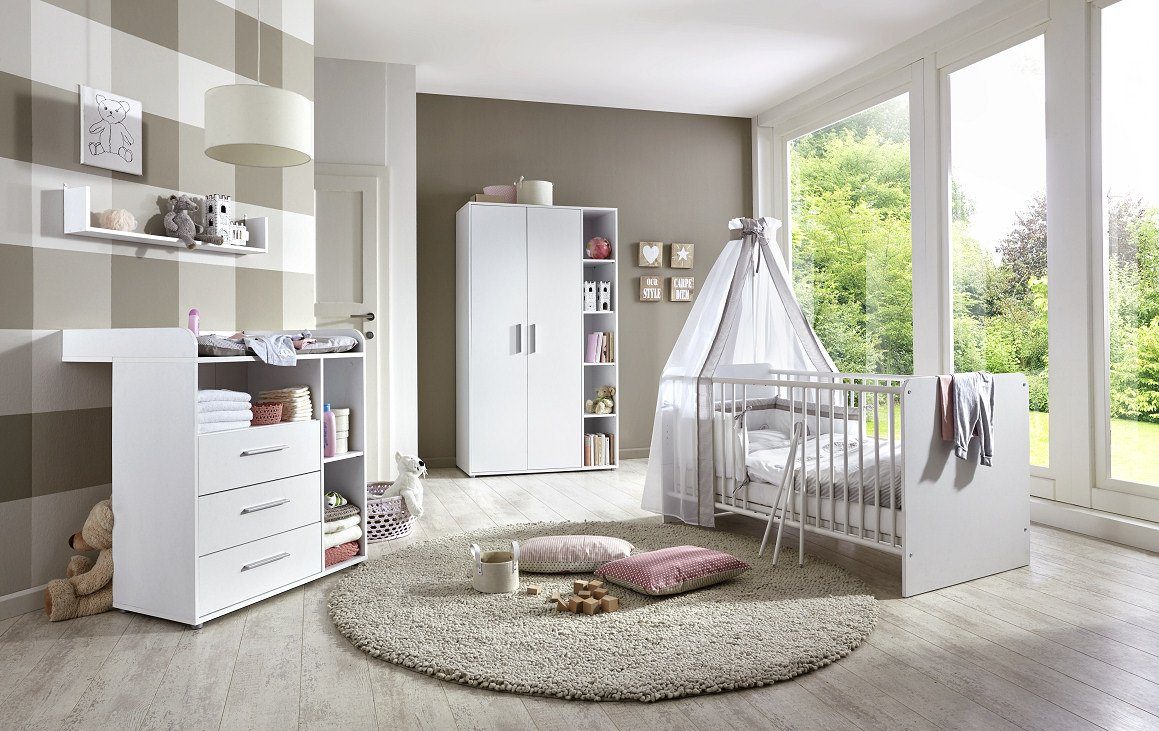 moebel-dich-auf Babyzimmer-Komplettset KIM oder Textil-Set (in + mit Babybett Wickelkommode + 1, weiß, Kleiderschrank), optional Matratze, Umbauseiten-Set