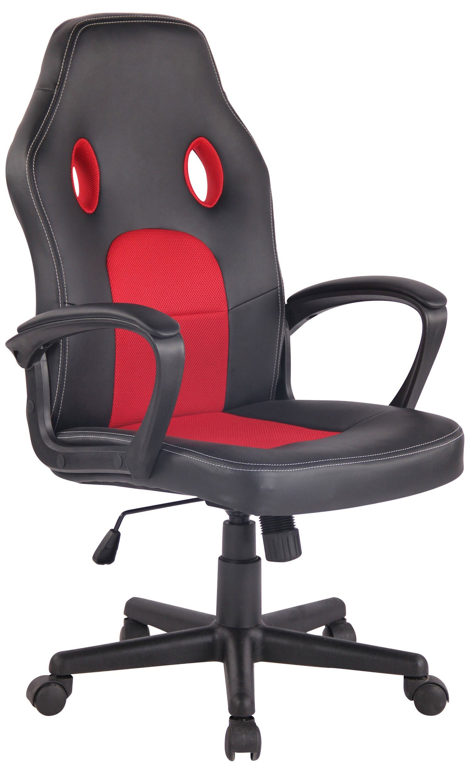TPFLiving Gaming-Stuhl Elon mit bequemer Rückenlehne - höhenverstellbar und 360° drehbar (Schreibtischstuhl, Drehstuhl, Chefsessel, Bürostuhl XXL), Gestell: Kunststoff schwarz - Sitz: Kunstleder, Netzbezug schwarz/rot