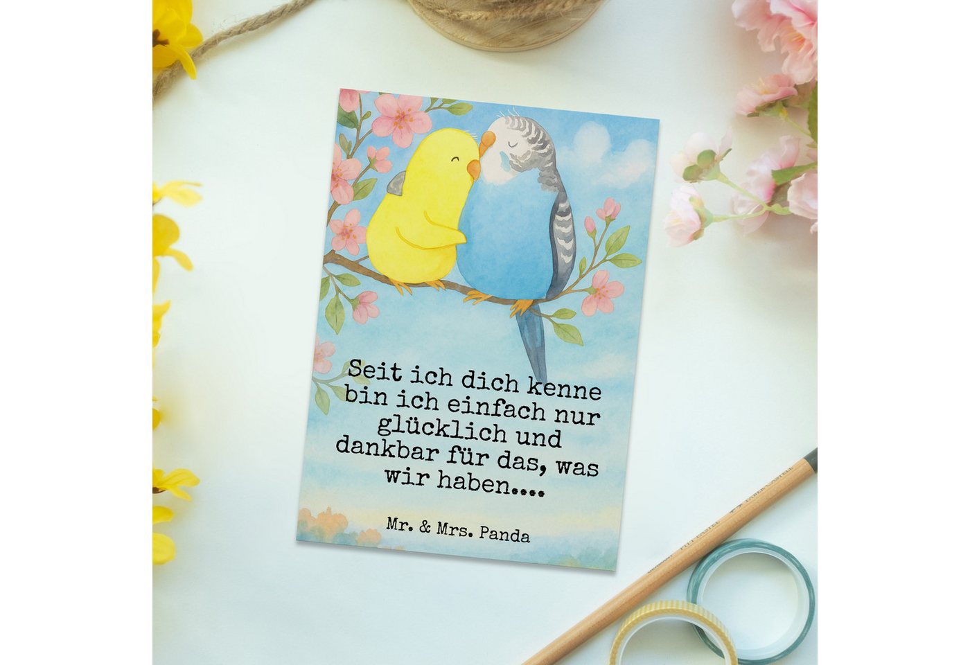 Thumbnail - Mr. & Mrs. Panda Postkarte Wellensittich Liebe Design - Weiß - Geschenk, Einladung, Einladungska, Charmantes Design