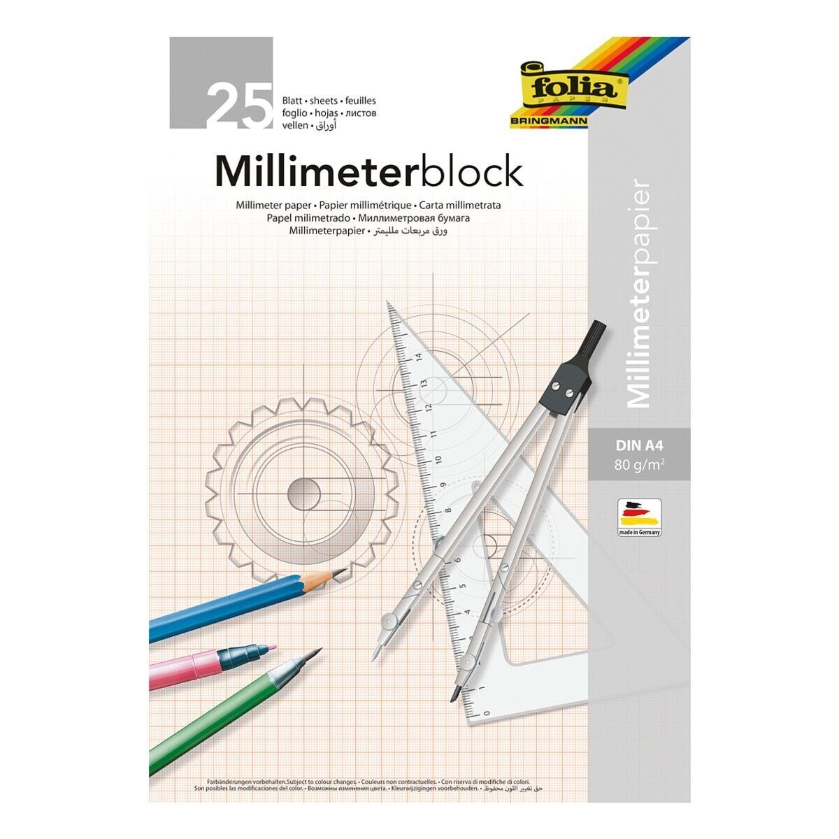 Folia Миллиметровая бумага, mit 1 mm-Raster-Lineatur, Format A4, 25 Blatt
