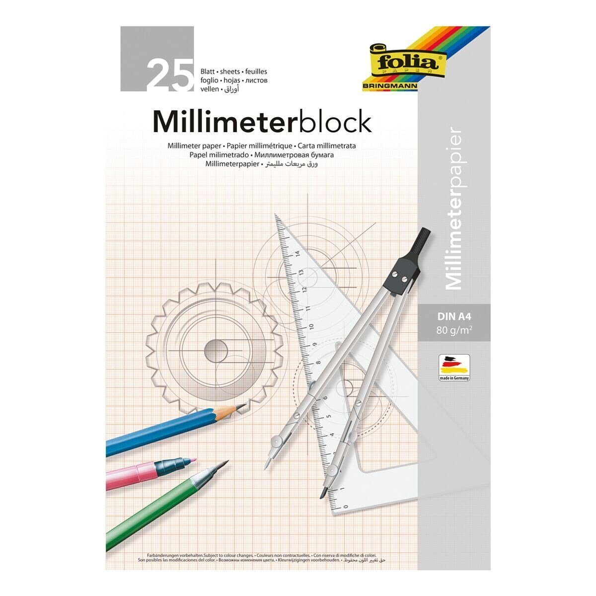 Folia Millimeterpapier, mit 1 mm-Raster-Lineatur, Format A4, 25 Blatt