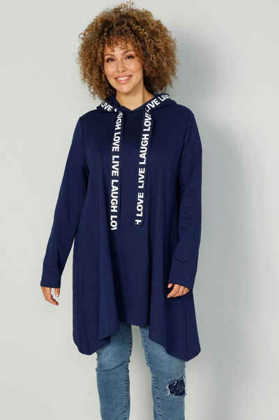 MIAMODA Sweatshirt Long-Hoodie Kapuze mit Schriftband Zipfelsaum