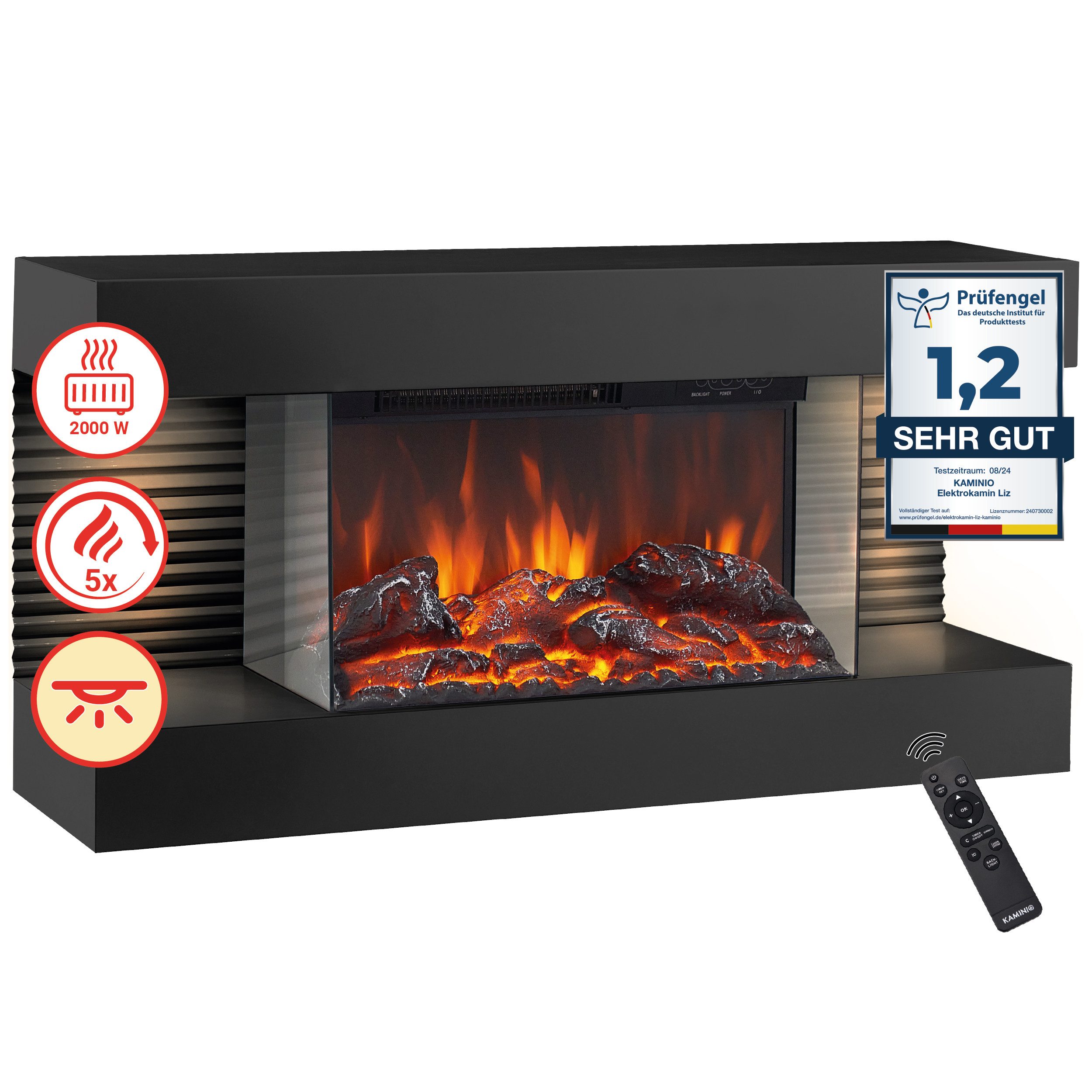 KAMINIO Elektrokamin LIZ, Elektrischer Kamin: 3D-Flammeneffekt, LED-Ambientelicht, Heizung 2000W