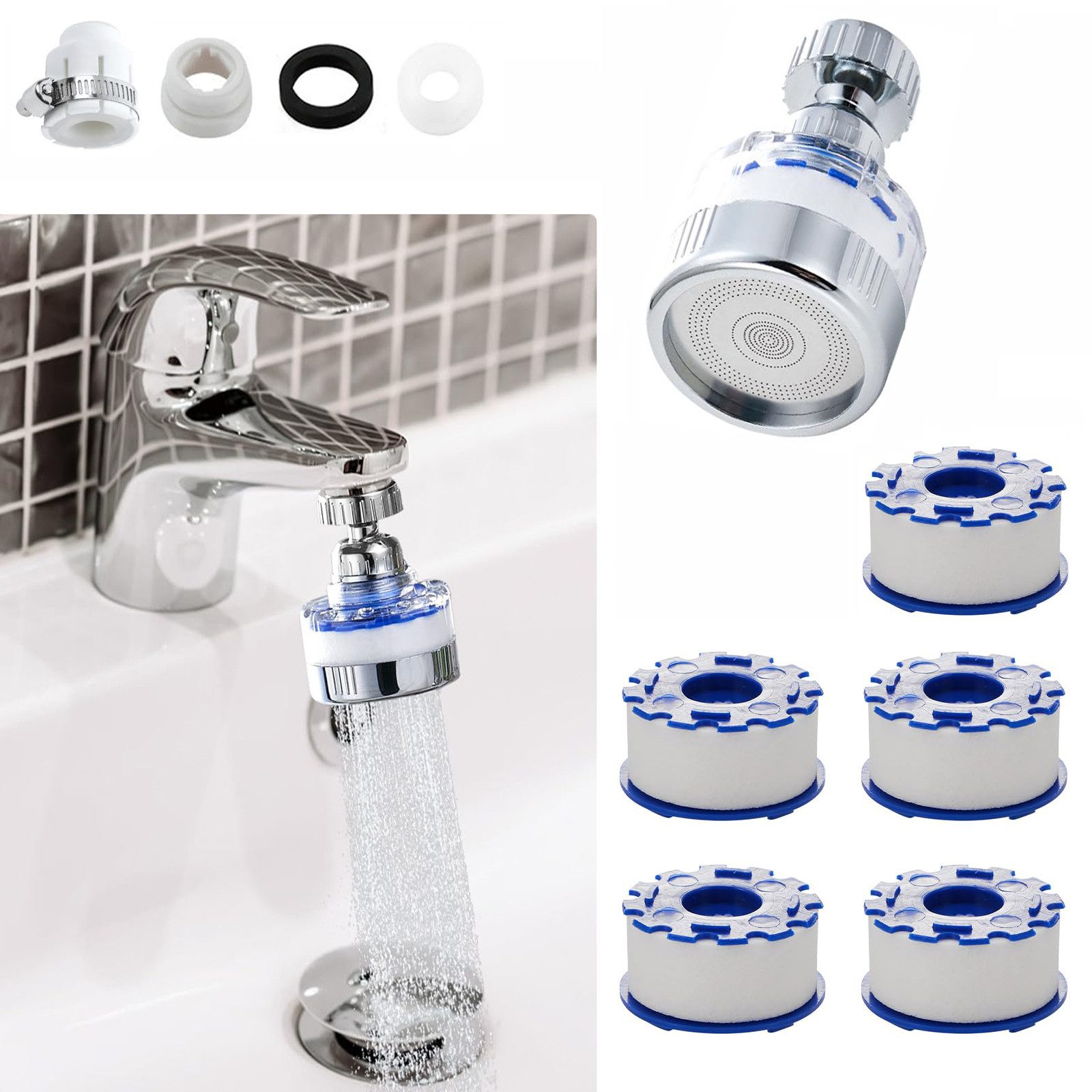 Diwzbyn Wasserhahnfilter Wasserhahnfilter 360° drehbar für Küche, Kalk & Chlor Filter, Für Küche & Bad, reduziert Fluorid, verbessert hartes Wasser