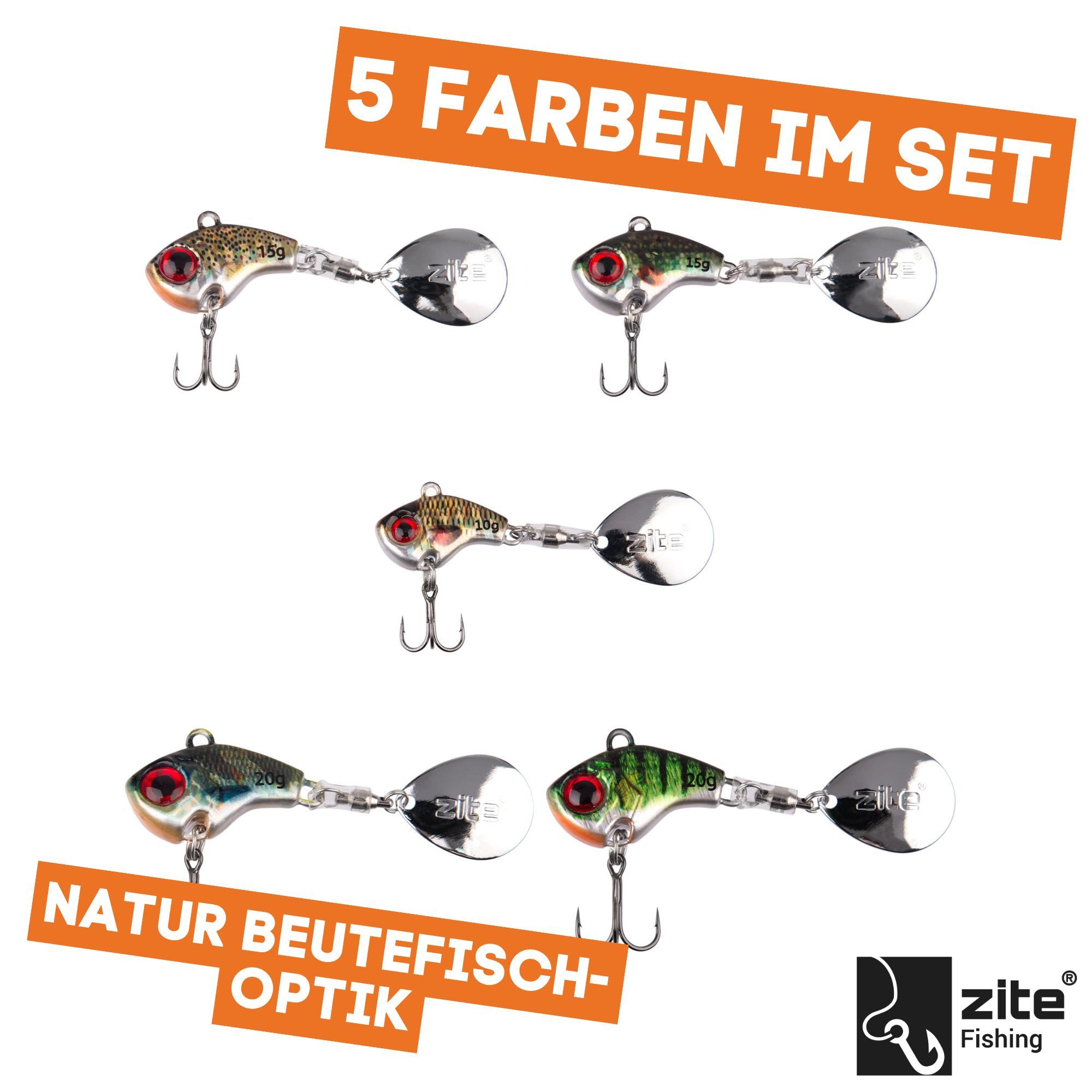 Zite Kunstköder Jigspinner Set 10-20g Neon & Natur Barschköder 5 Stück mit Tackle-Box – Bild 3 von 5