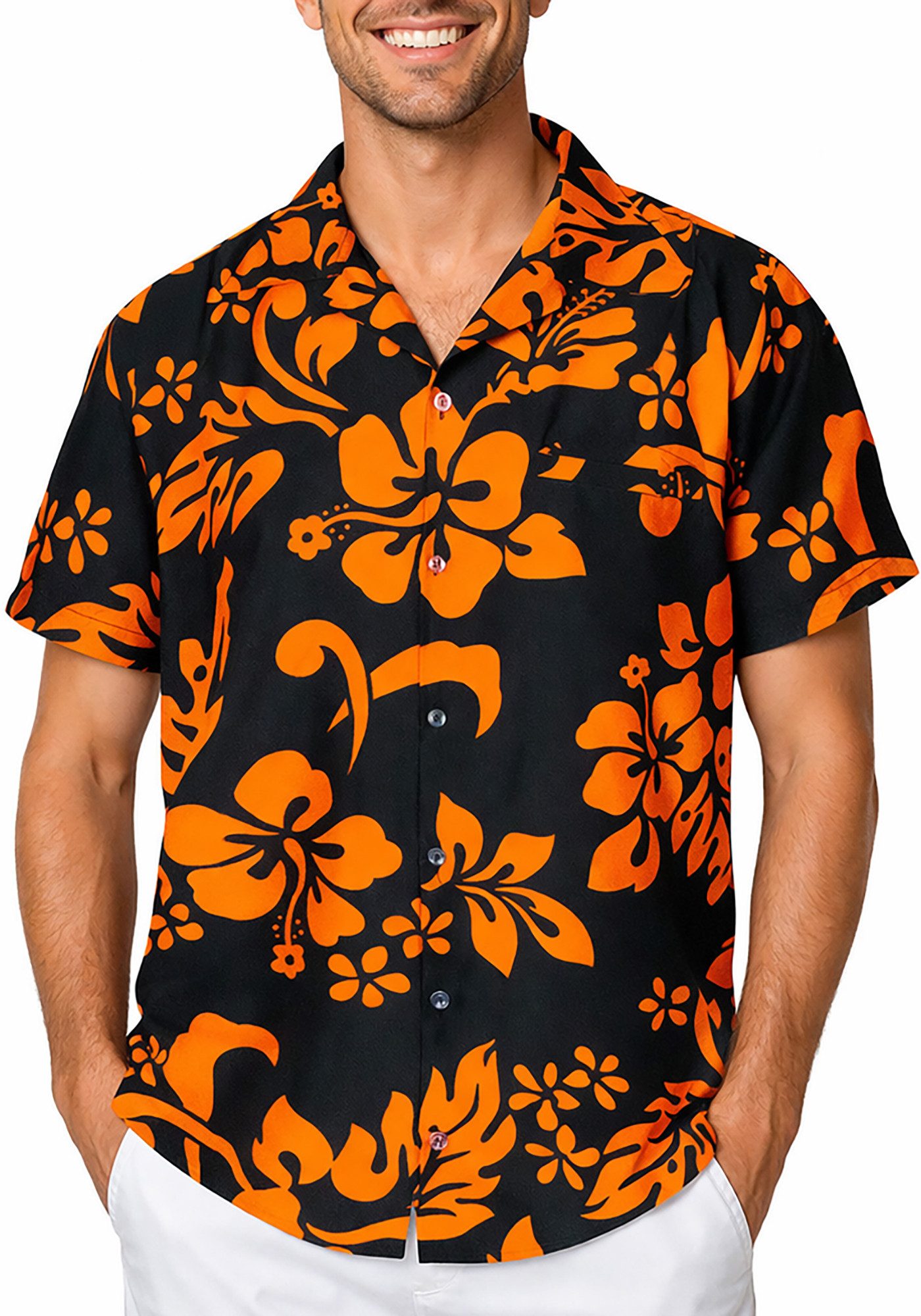 King Kameha Hawaiihemd "Hibiscus" Funky Hawaii-Hemd Herren Kurzarm Front-Tasche Stylish