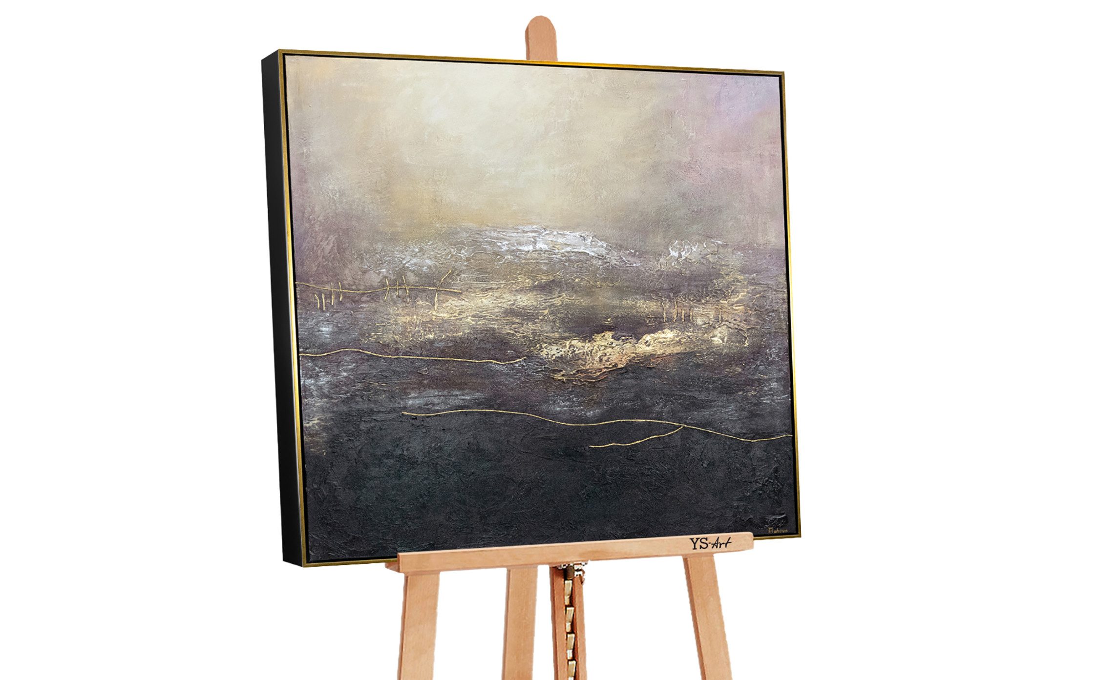 YS-Art Картина Täuschung, Quadratisches Abstraktes Leinwand Bild Handgemalt Blau Gold mit Rahmen