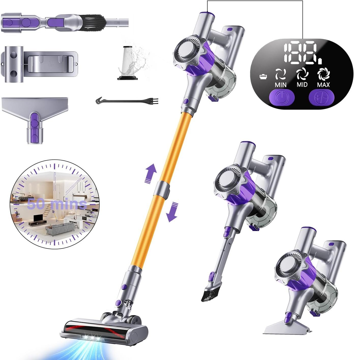Goldstern-Tech Akku-Hand-und Stielstaubsauger, 450 W, beutellos, bis zu 50 Min Laufzeit, LED-Display, HEPA-Filter