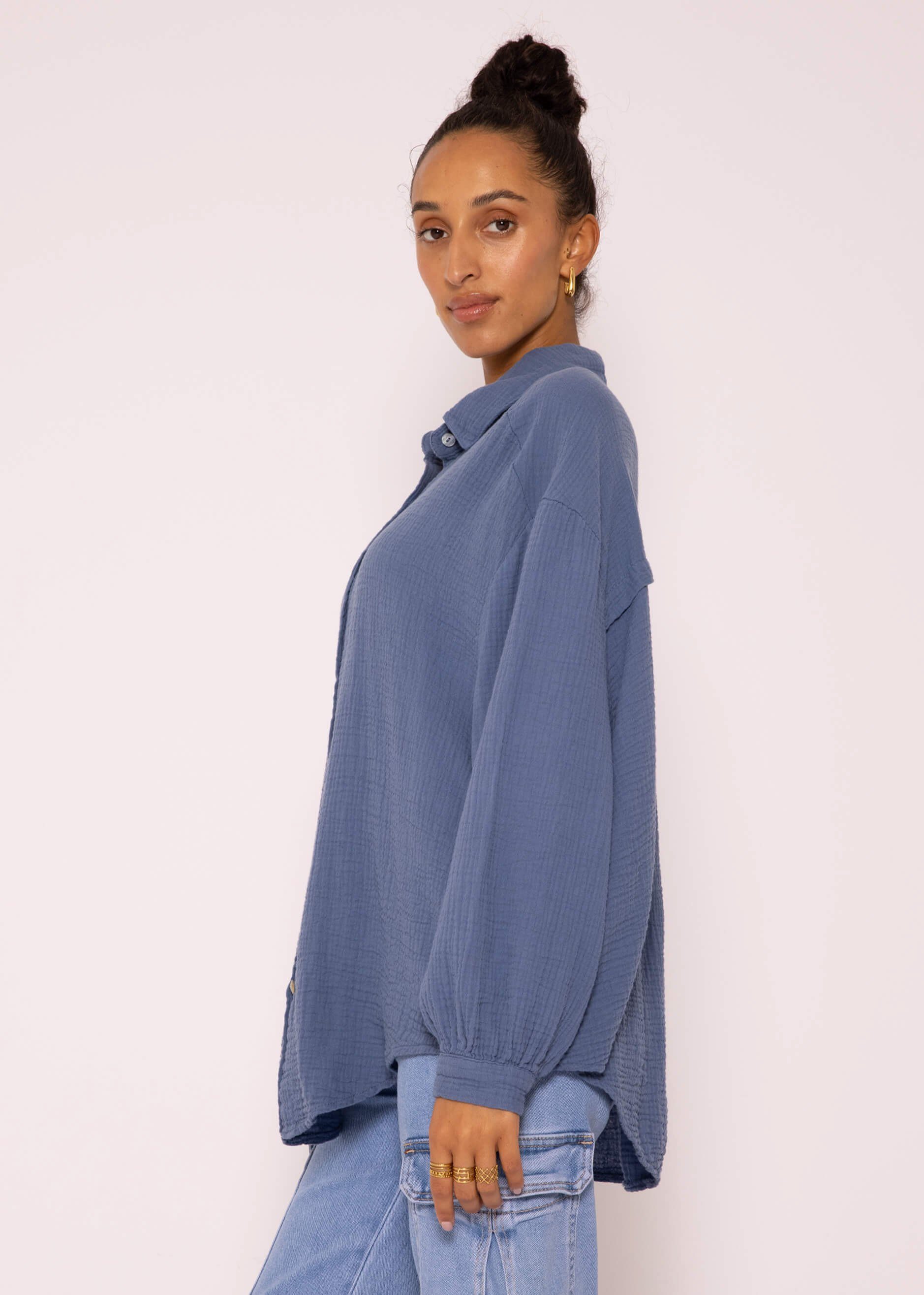 SASSYCLASSY Longbluse Oversize Baumwolle Bluse aus One mit Hemdbluse Damen Musselin lang Jeansblau Size 36-48) Langarm V-Ausschnitt, (Gr