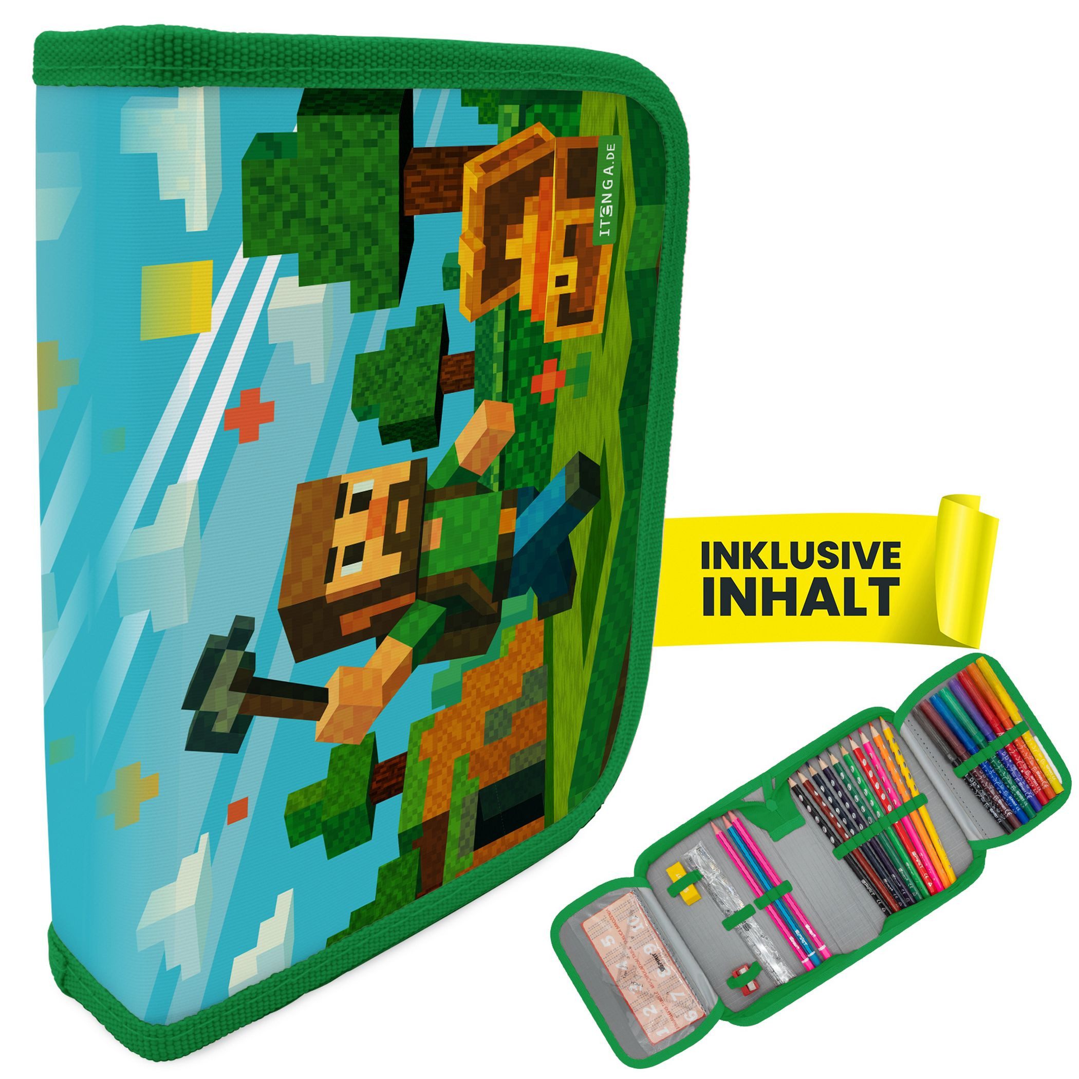 itenga Federmäppchen itenga Schüler-Etui Mäppchen Blockgame Pixel 28 teilig (gefüllt) 1-Zip