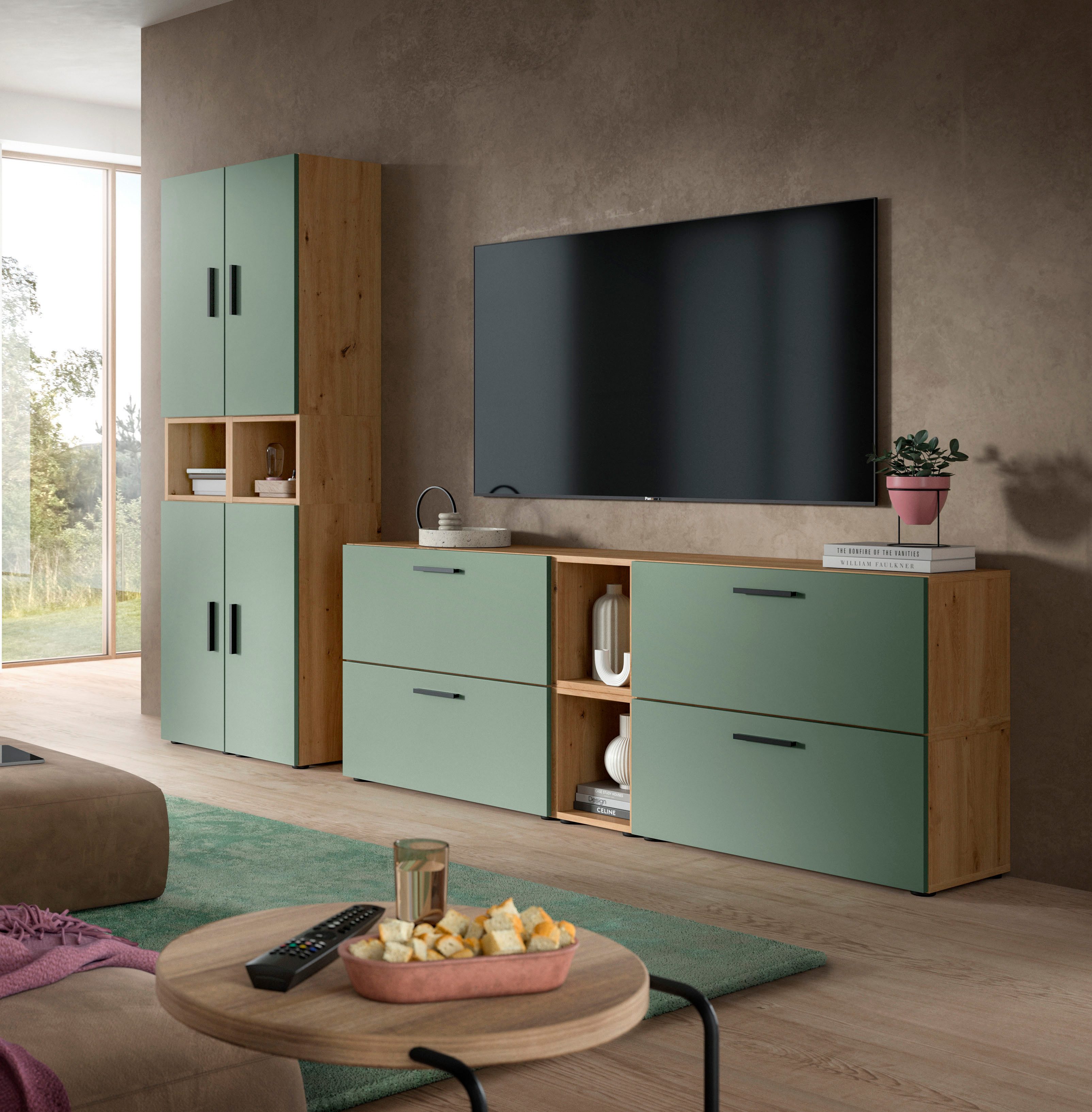 Home affaire Schrank-Set ENESTE, 6-teilig, in verschiedenen Farben, individuell kombinierbar, (2-St., verschiedenste Kombinationmöglichkeiten, stehend oder hängend), Stauraumelement, Kombination, Wohnkombination, Schrankwand, Lowboard